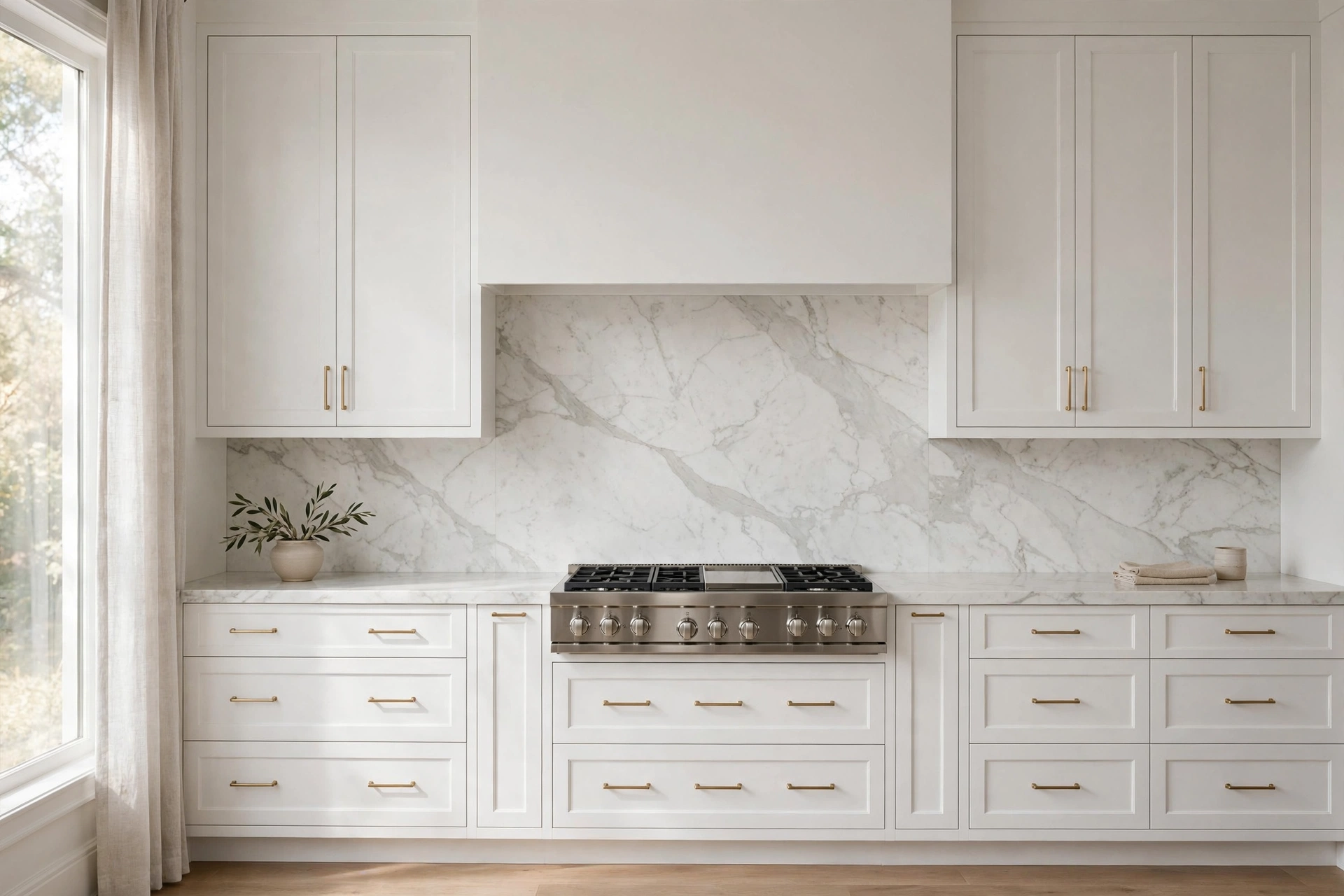 White kitchen countertop in Carrara marble with soft gray veining