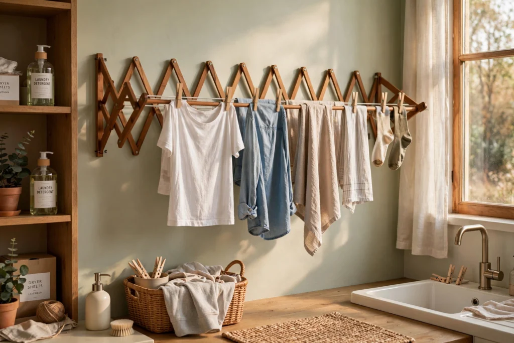 Wall-mounted fold-down wooden drying rack with hanging clothes in a tidy laundry room