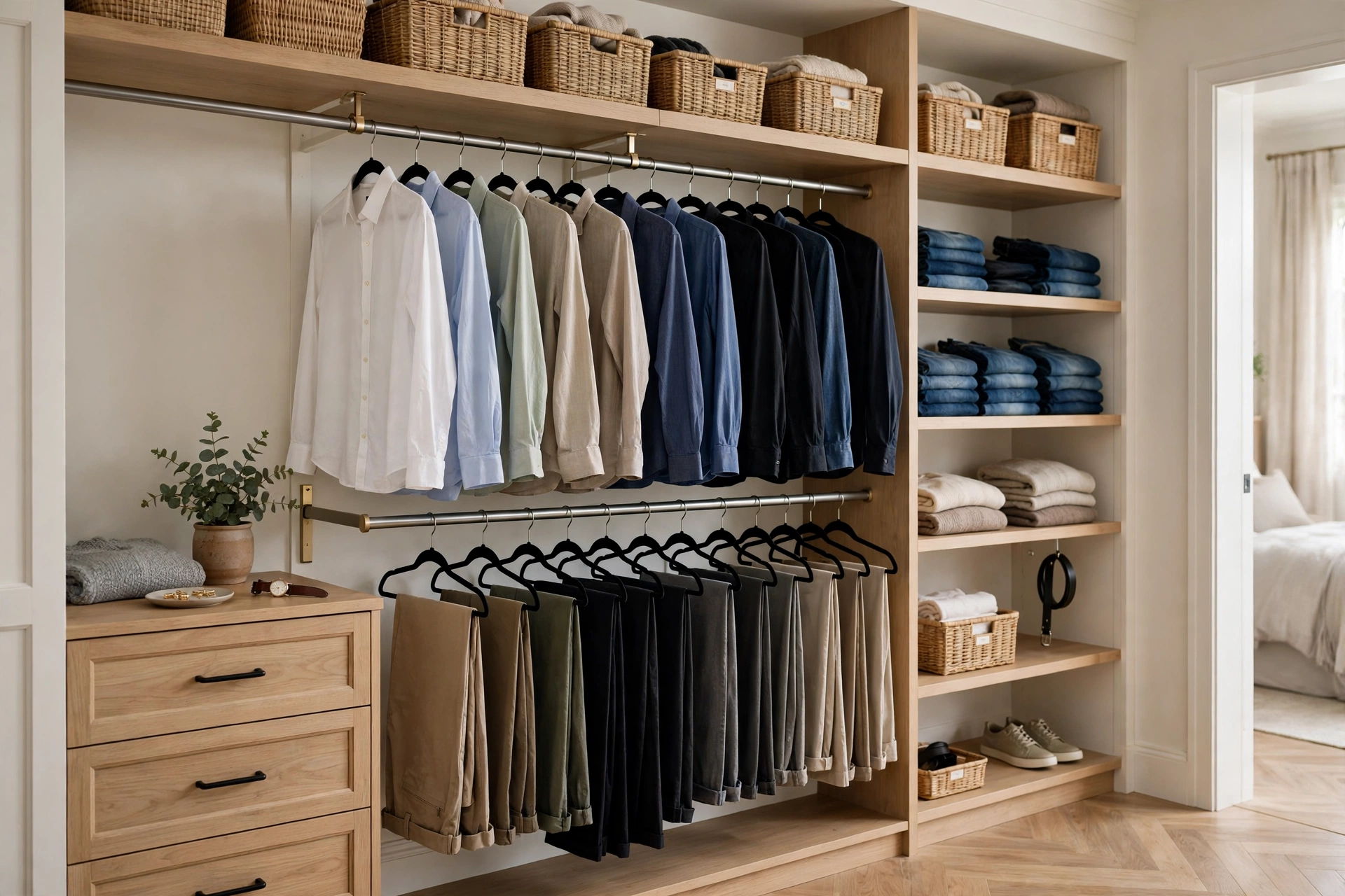 Walk-in closet with double hanging rods holding shirts and pants on slim velvet hangers
