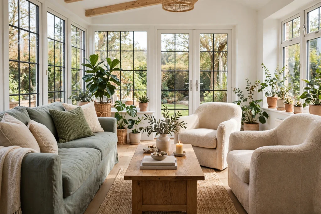 Sunroom with deep comfortable sofa and armchairs arranged around a coffee table