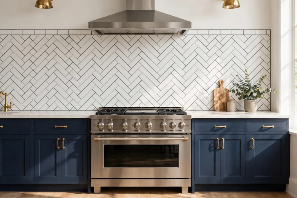 Kitchen backsplash ideas with white subway tiles laid in a herringbone pattern behind a range.