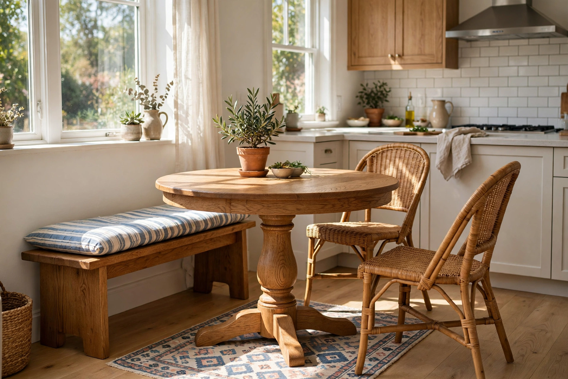 Breakfast nook ideas with a round pedestal table and freestanding bench in a kitchen corner.