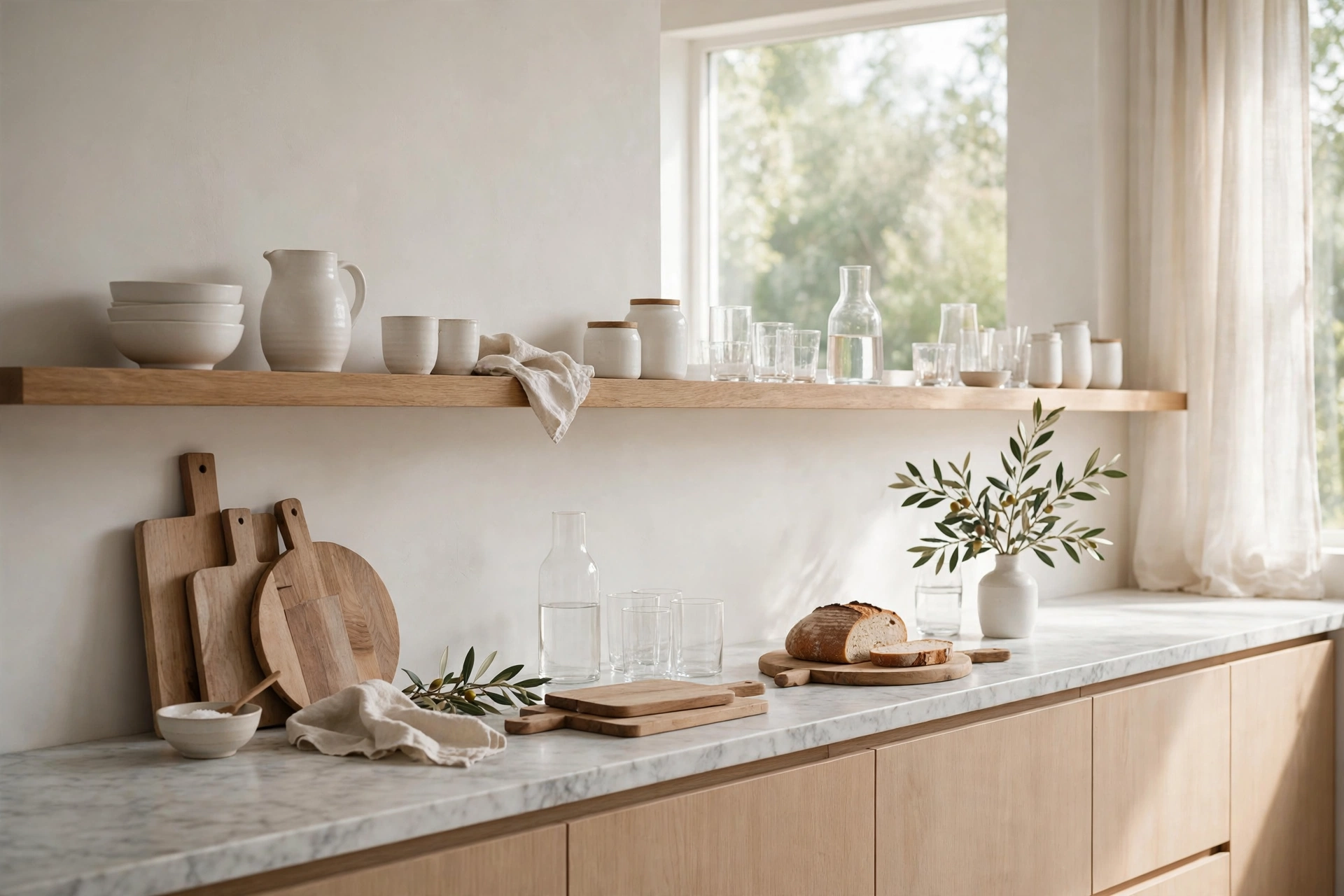 Open kitchen shelving ideas with a single long floating shelf over a marble counter run.