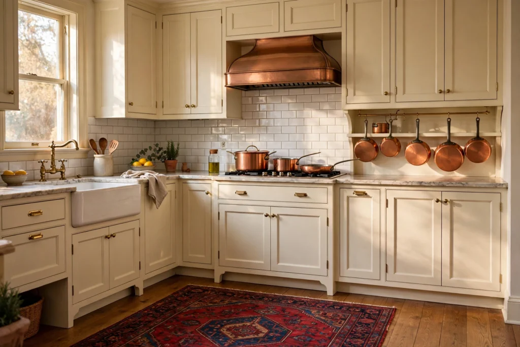 Kitchen rug ideas with a vintage-look Persian rug underfoot in a classic kitchen.