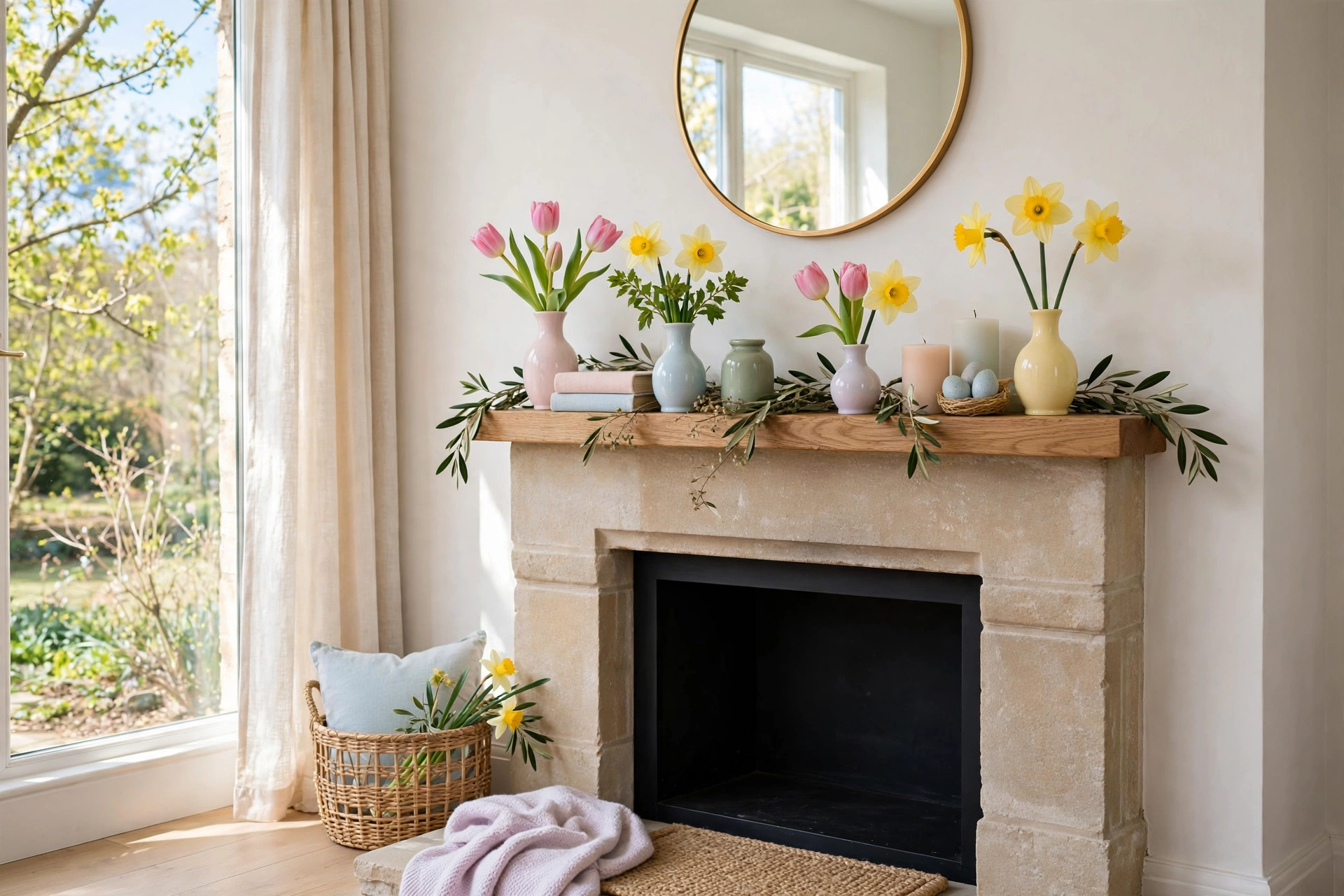 Fireplace mantel decor ideas with spring tulips in bud vases and pastel accents.