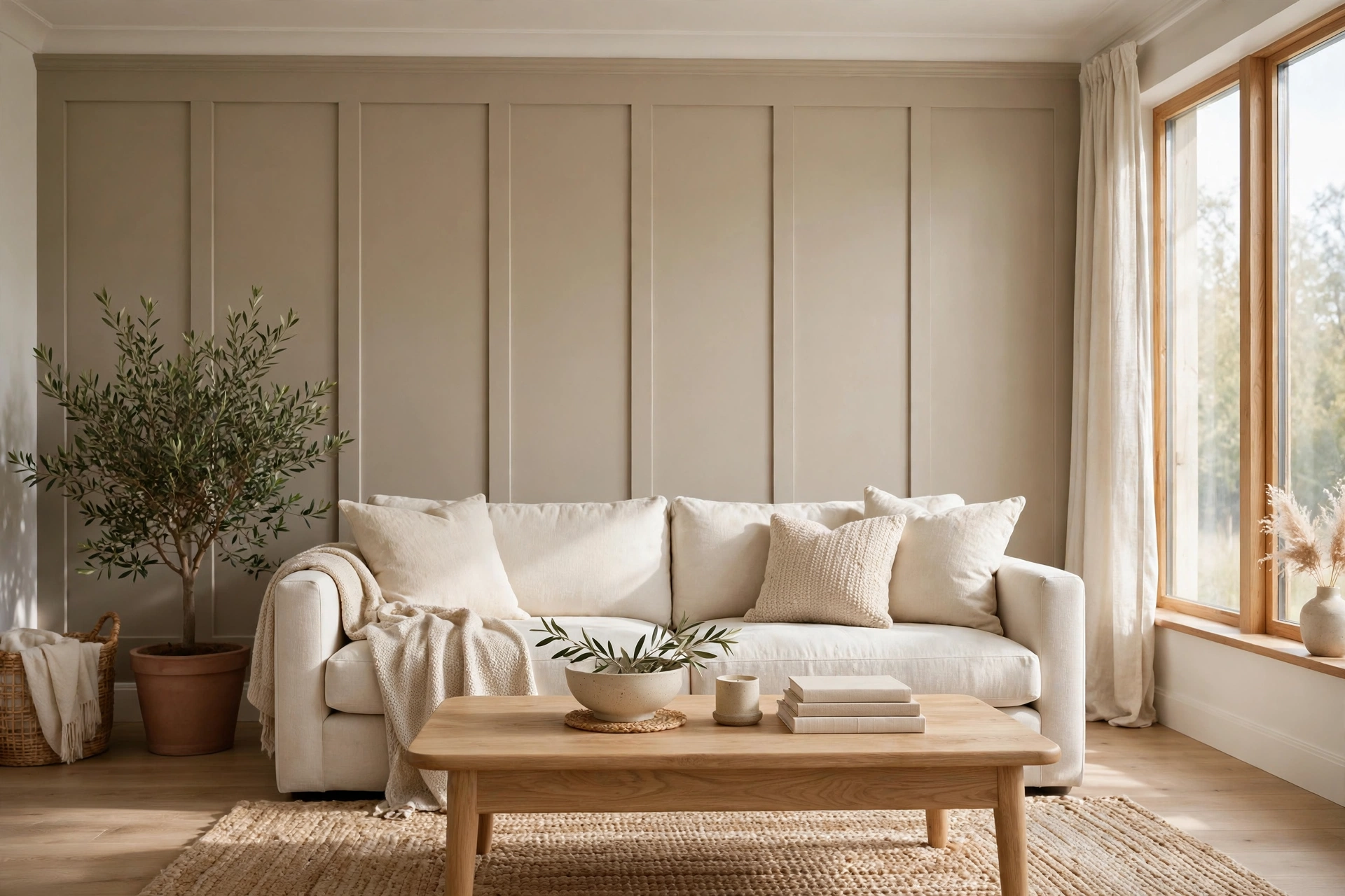 Living room accent wall ideas showing a warm greige board and batten wall behind a cream sofa and oak coffee table.
