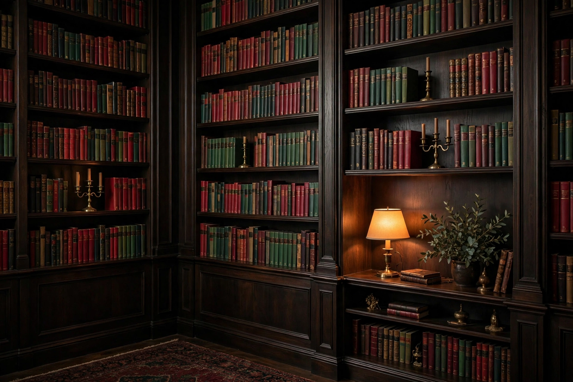 Dark academia living room featuring tall dark wood bookcases filled with hardcover books and brass candlesticks.