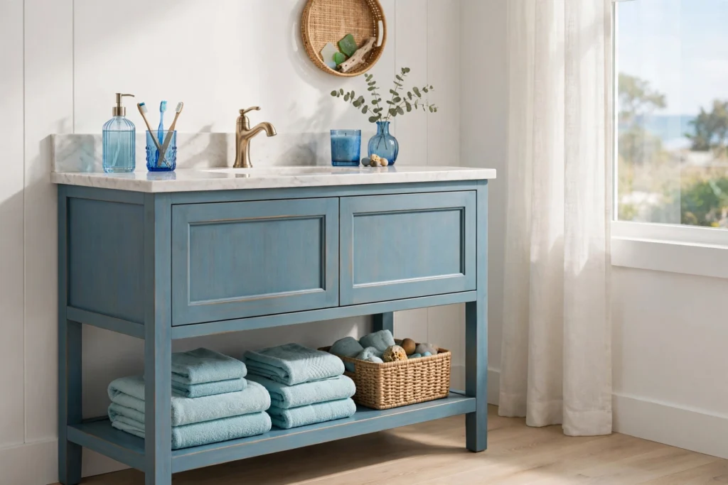 Coastal bathroom with sea-glass blue vanity, brass faucet, and aqua towels