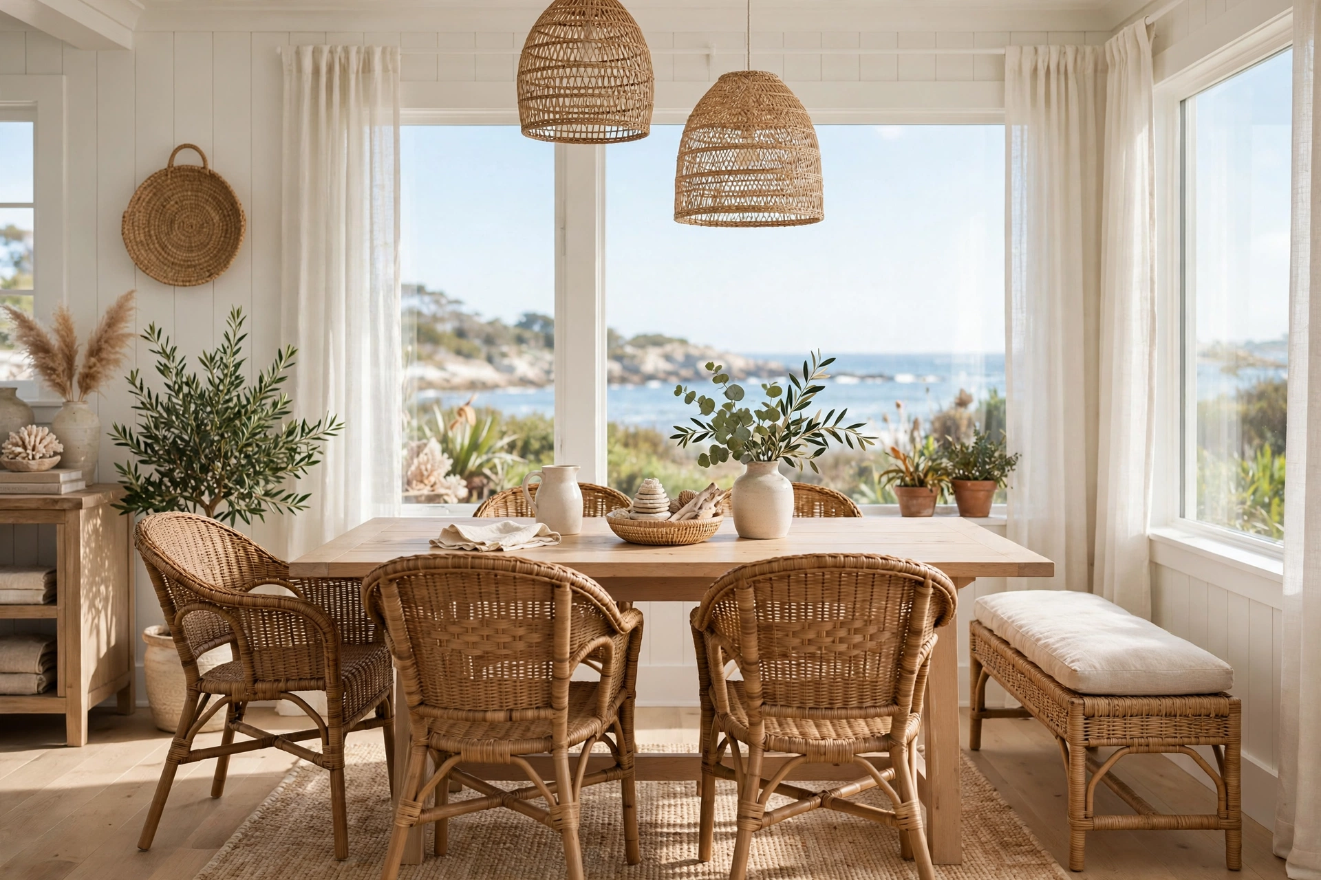 Coastal dining room ideas with rattan dining chairs and a woven bench around a light wood table.