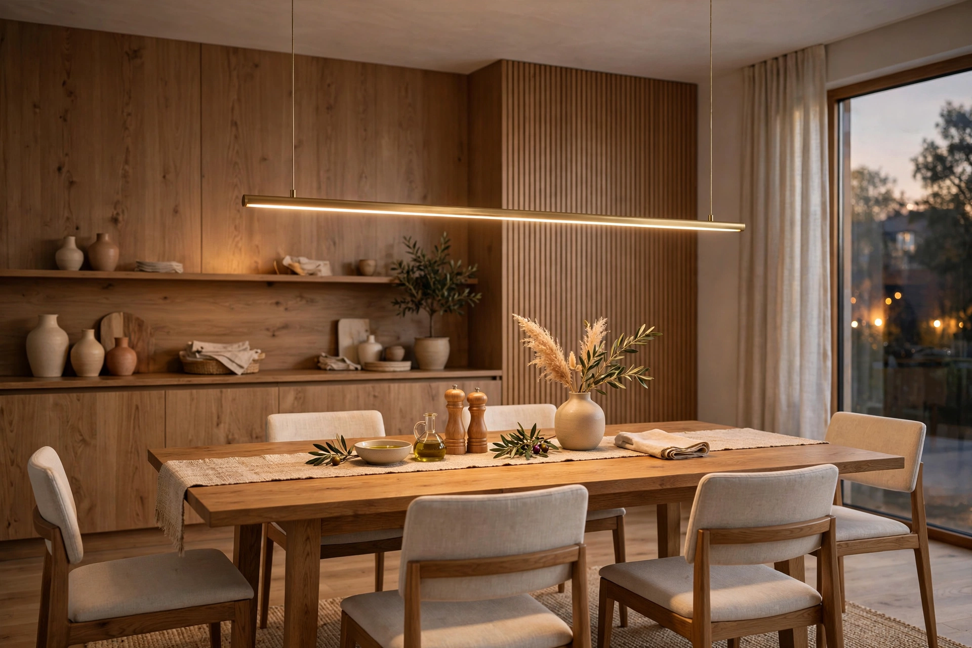 Dining room lighting ideas with a slim brass linear pendant spanning a rectangular wood dining table.