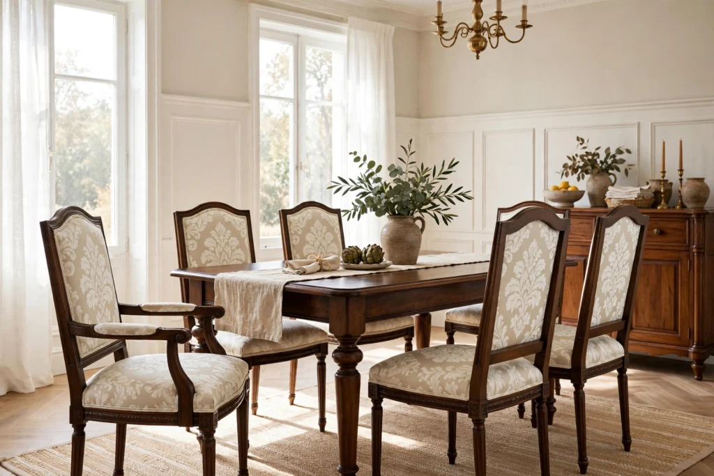 Elegant dining chairs upholstered in cream damask fabric with dark wood frames around a traditional dining table.