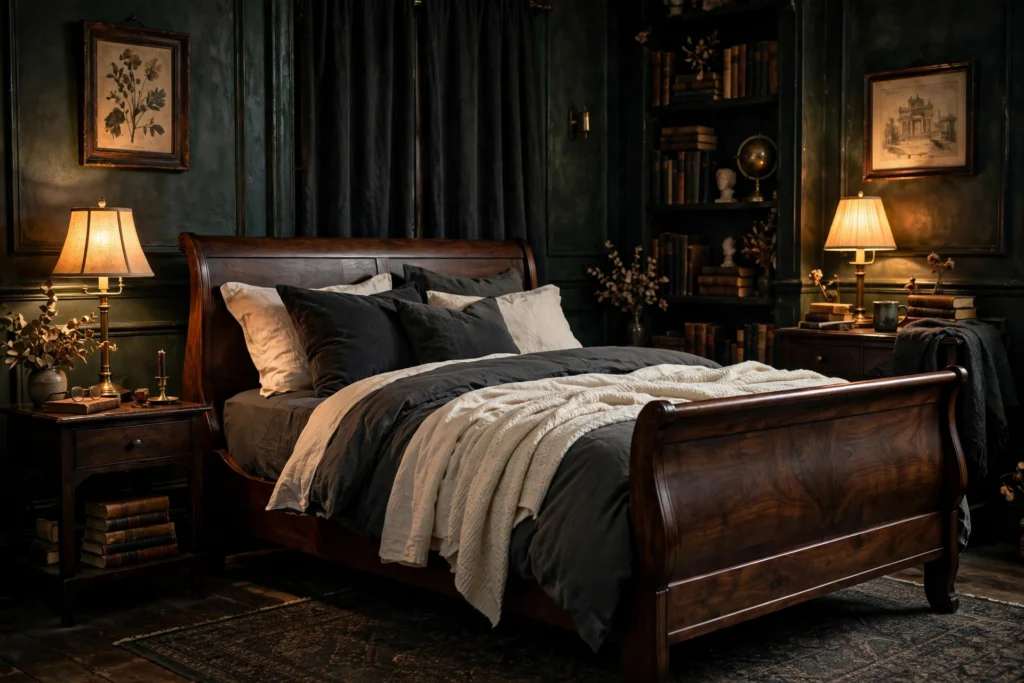 Dark walnut sleigh bed with layered charcoal and cream bedding in a moody dark academia bedroom.