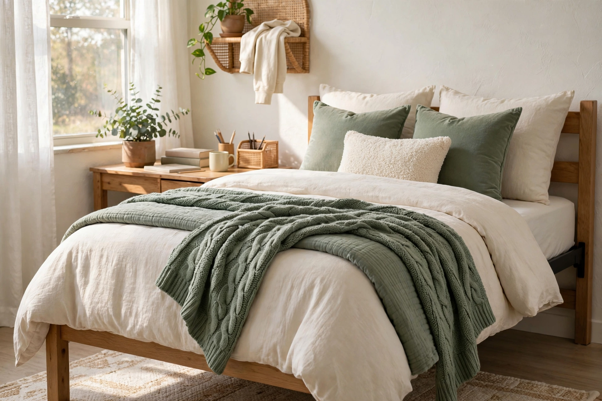 Dorm bed dressed in layered cream and sage bedding with a mattress topper, throw blanket, and plush pillows.