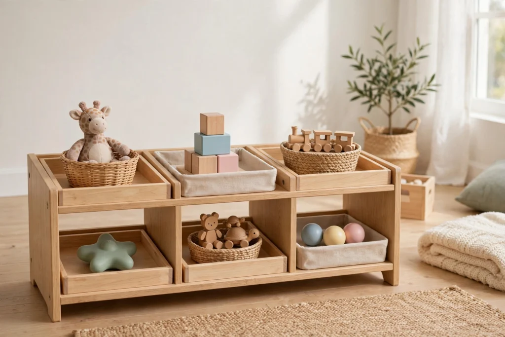 Low wooden shelf at toddler height with six toys neatly arranged in trays and baskets in a bright kids room.