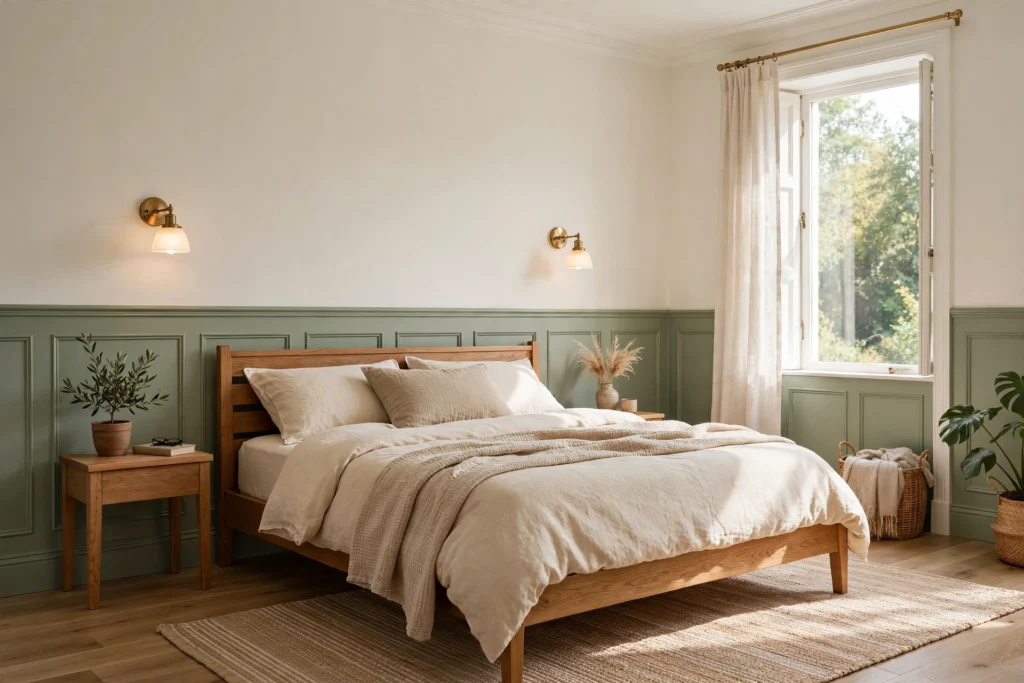 Bedroom with sage green wainscoting below warm white upper walls, brass sconces, and a wooden bed.
