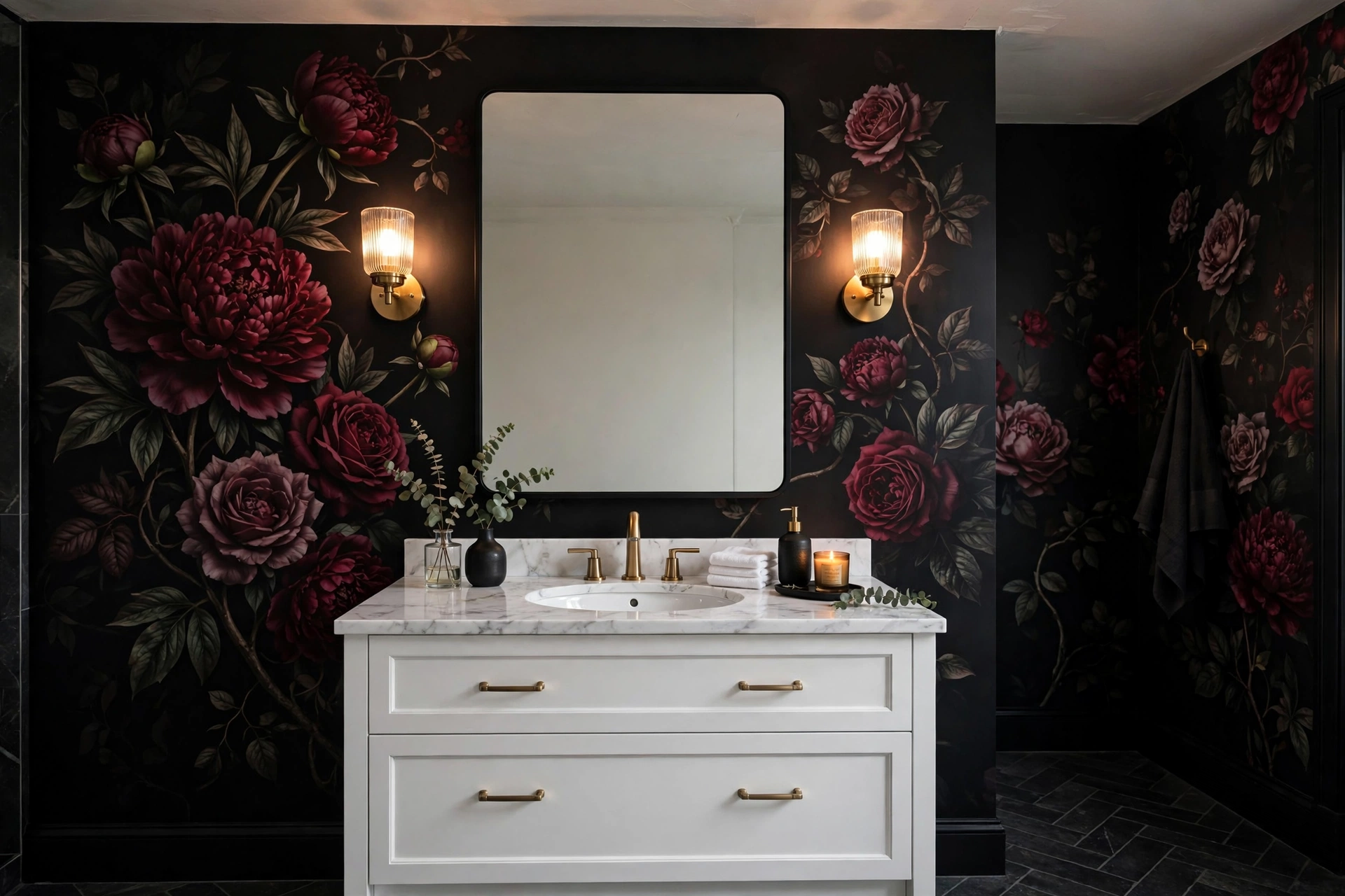 Moody floral bathroom wallpaper mural with dark burgundy peonies and roses on a near-black wall.