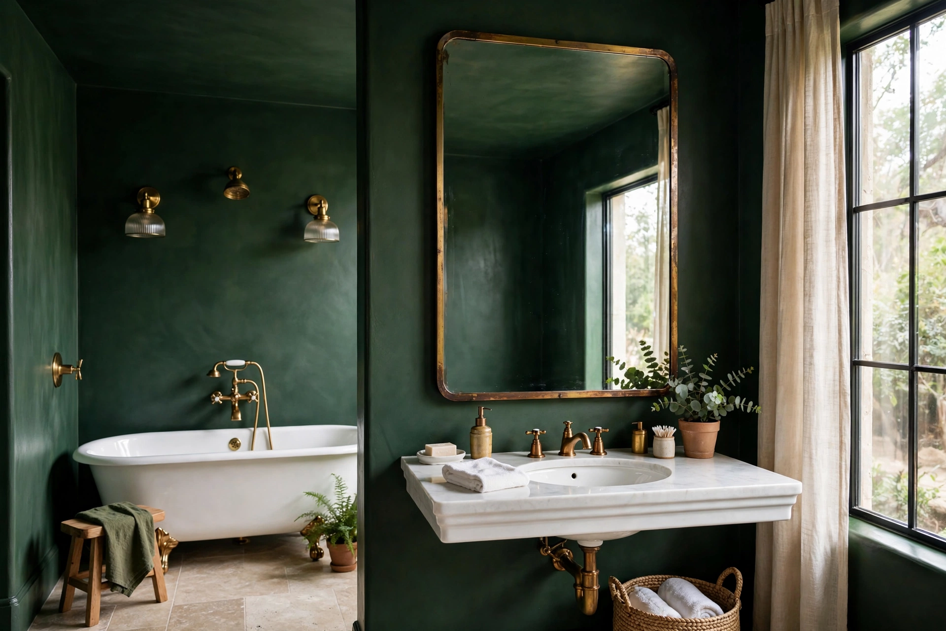 Deep forest green bathroom with color-drenched walls and ceiling, unlacquered brass fixtures, and white sanitaryware.
