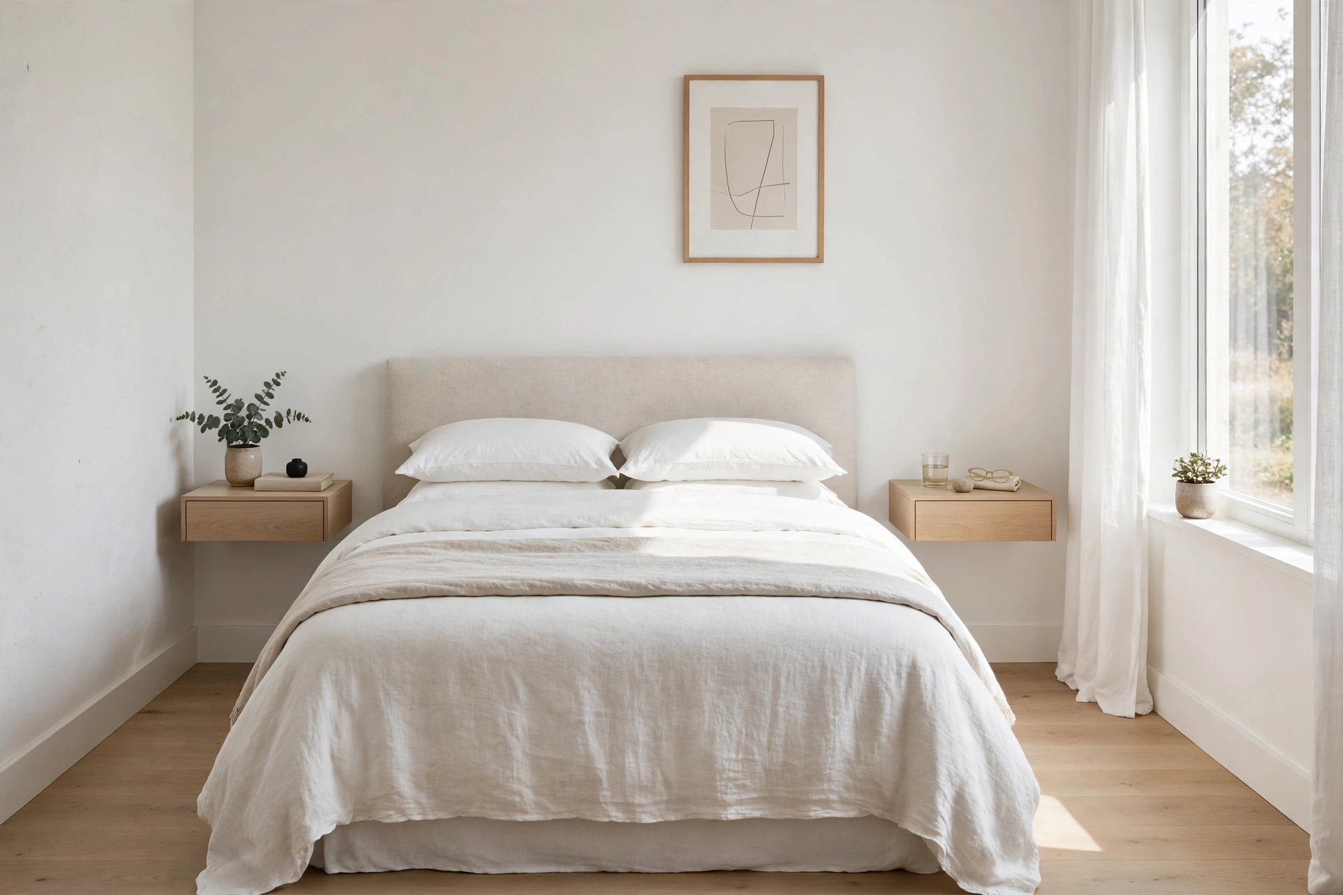 Floating wall-mounted nightstands beside a bed in a small bedroom