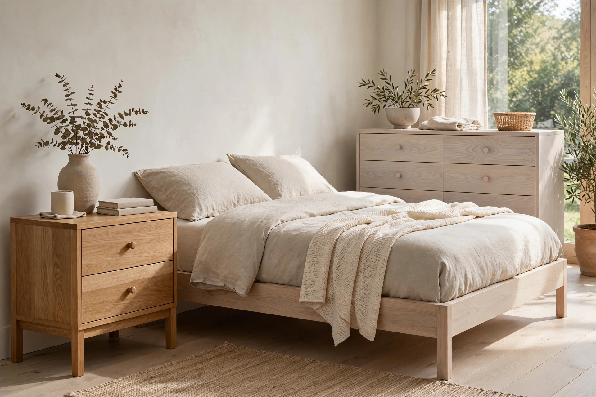 Natural oak nightstand and ash dresser in a Japandi bedroom
