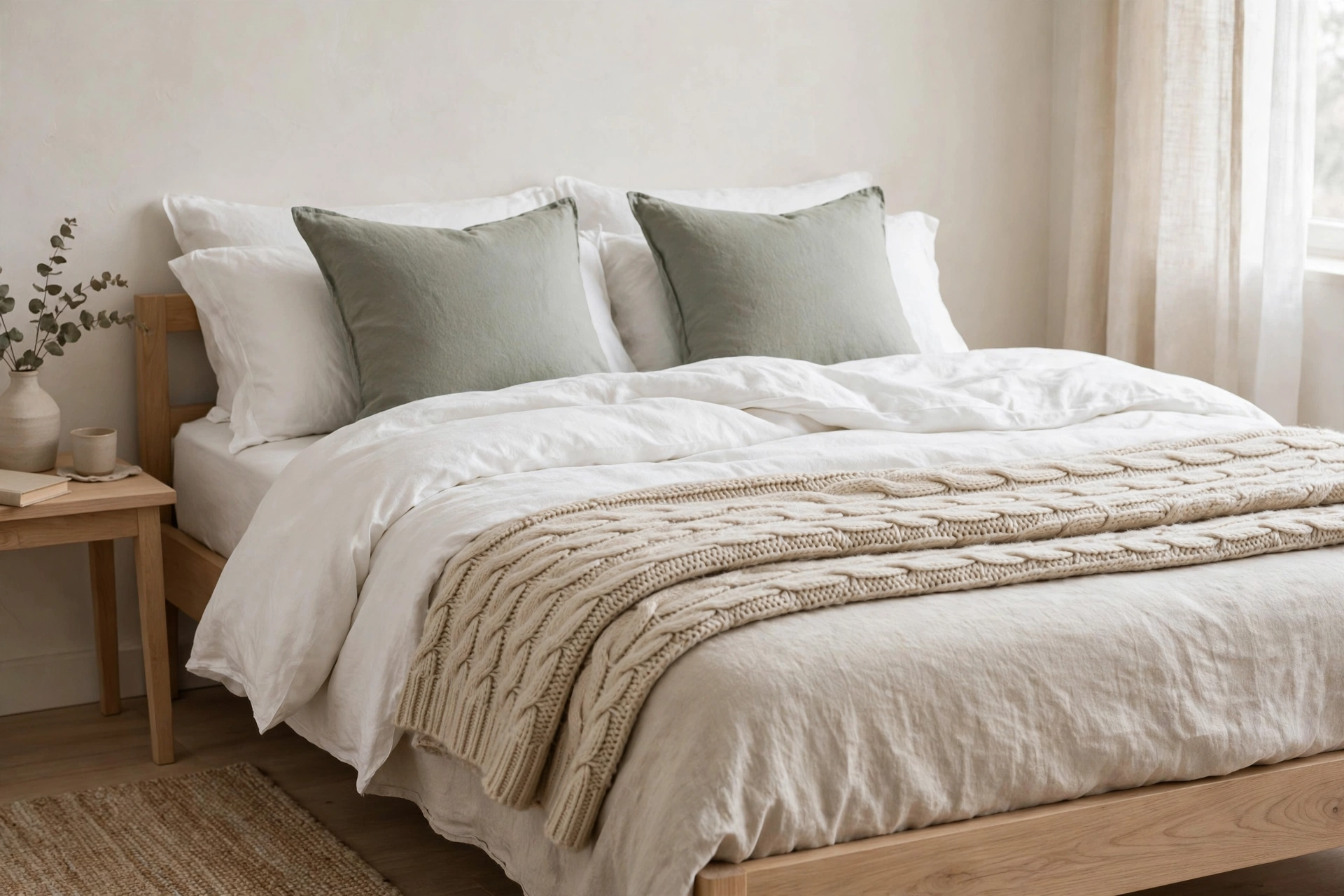 Bed layered with oatmeal linen sheets, white duvet, knit throw and sage cushions