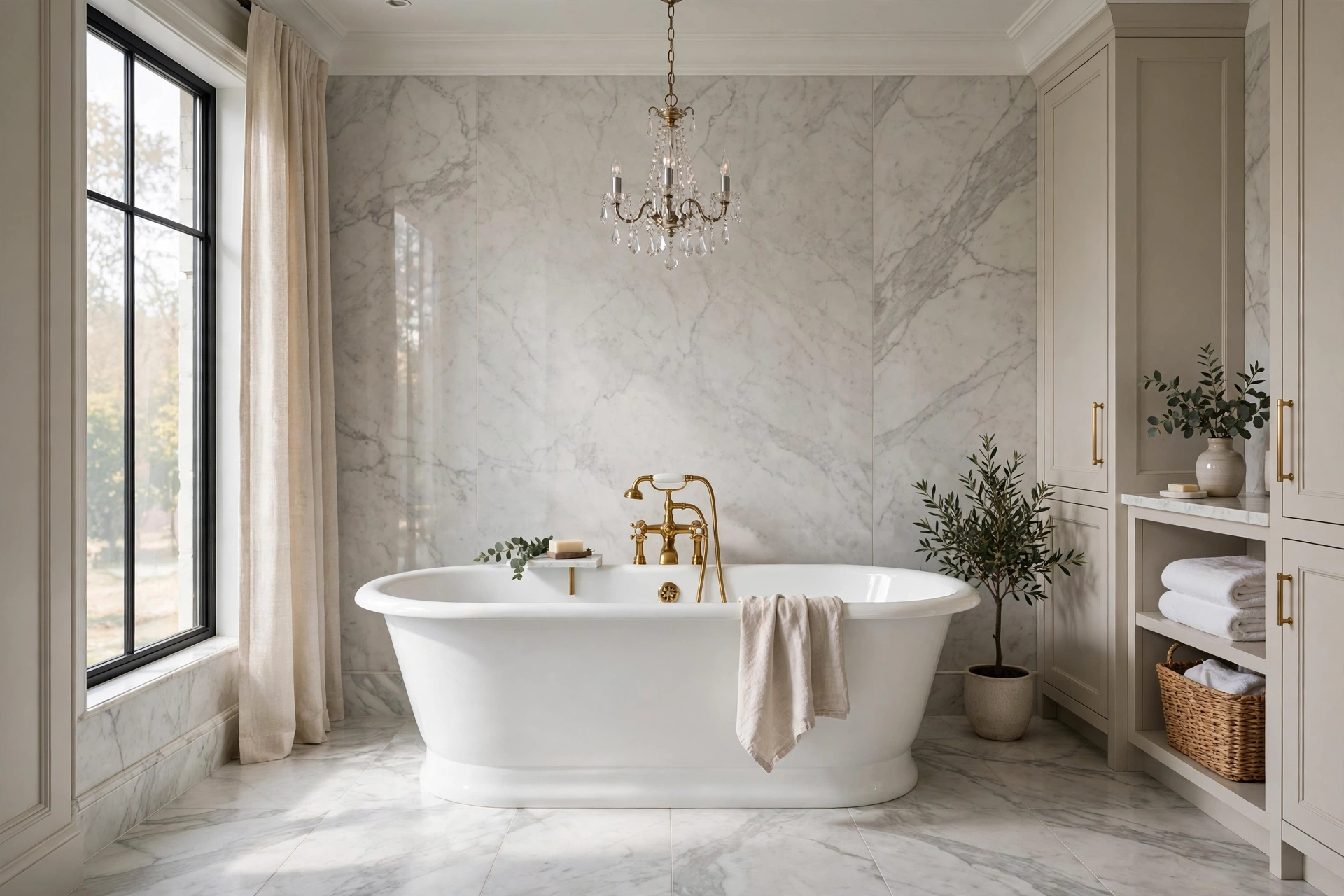 Small crystal chandelier hung over a freestanding tub in an elegant primary bathroom.