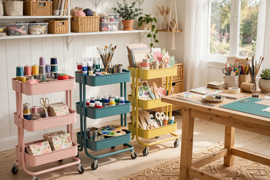Colorful rolling storage carts holding craft supplies beside a work table in a craft room.