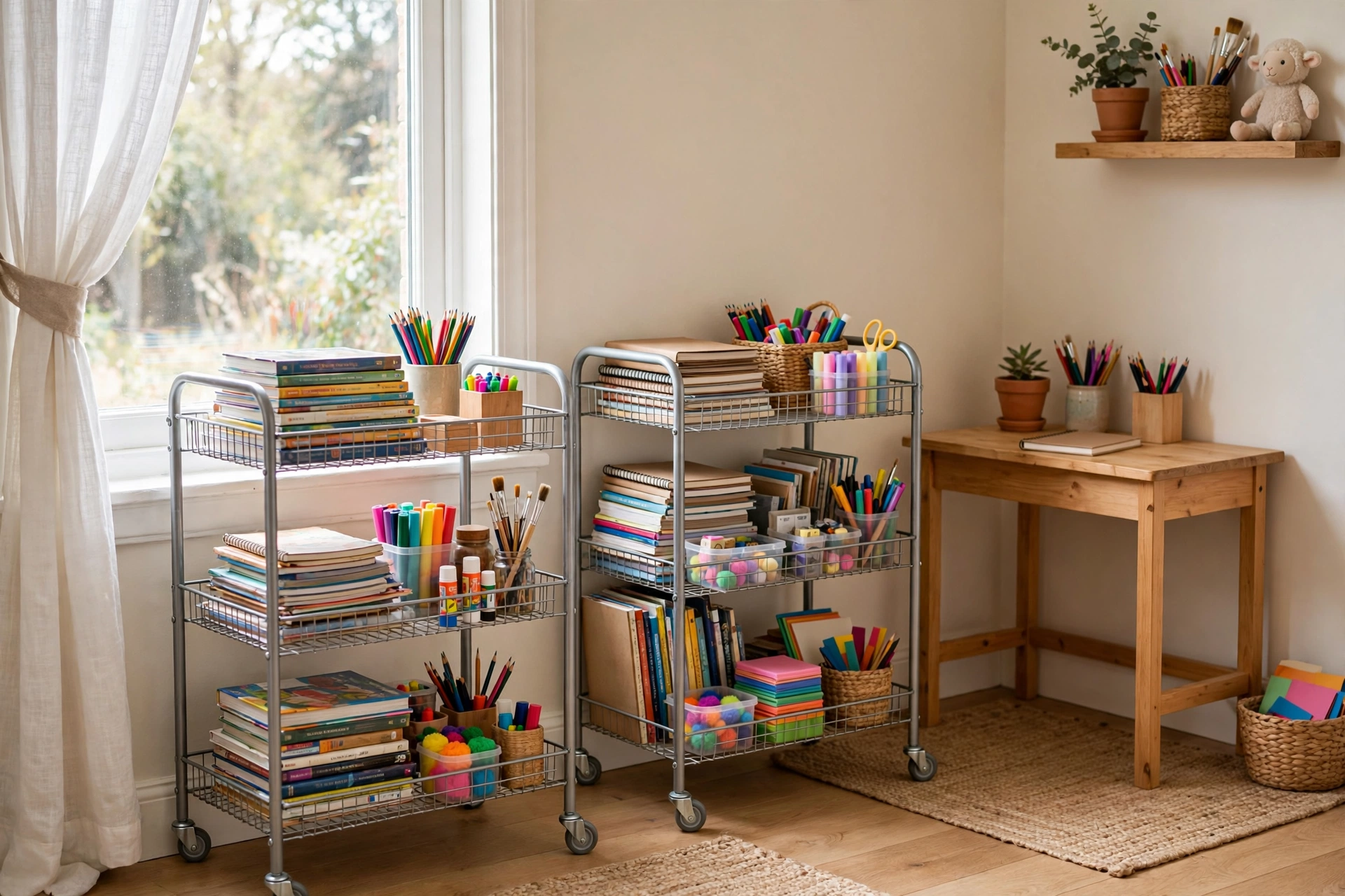 A homeschool room corner with three-tier rolling carts stocked with books, notebooks, and art supplies.