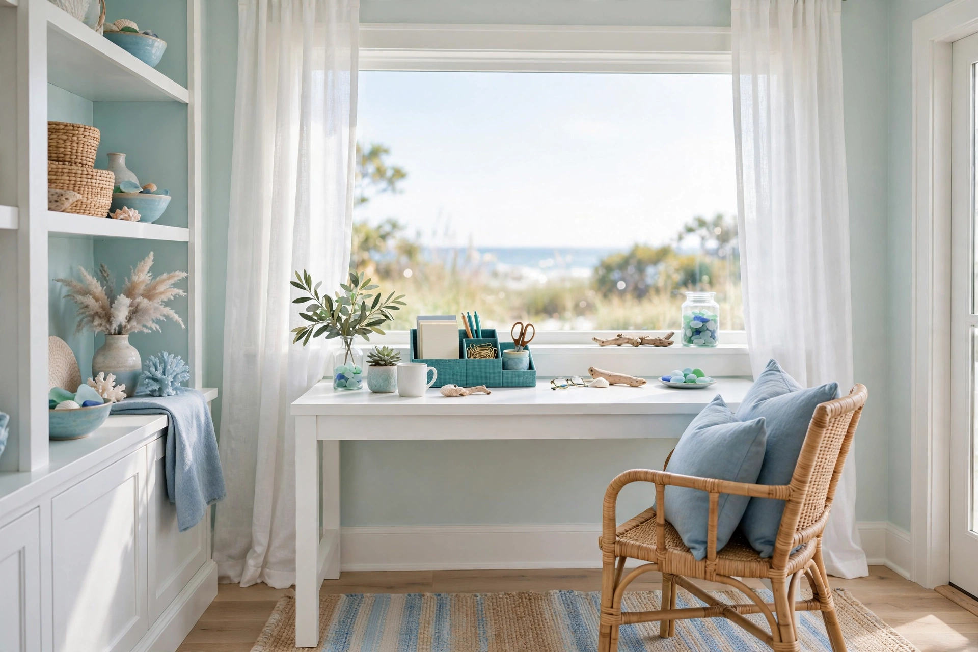 A coastal home office painted in pale aqua with white trim, a teal organizer, and soft blue textiles.