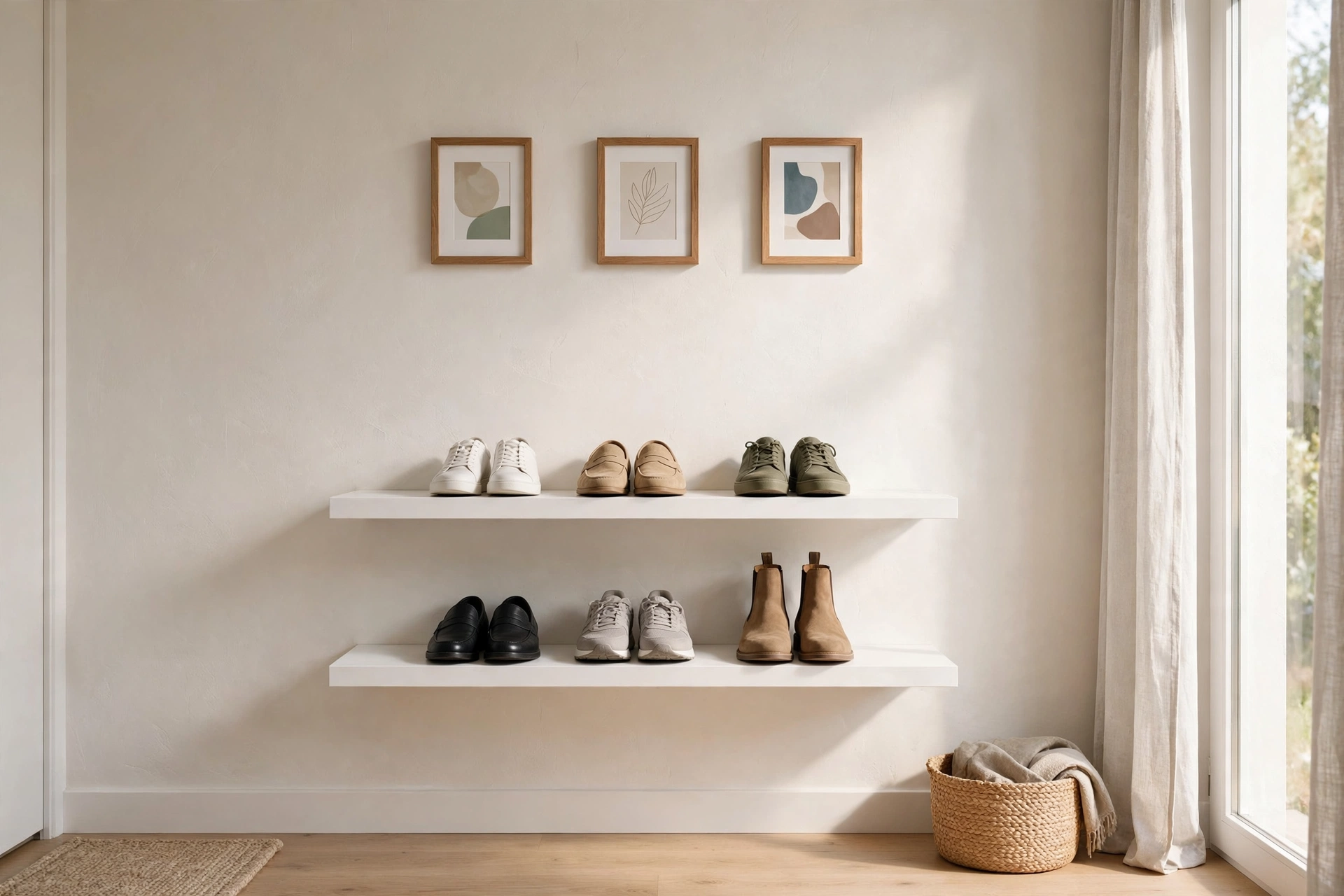 An entryway shoe storage wall with low floating shelves displaying neatly arranged daily shoes.