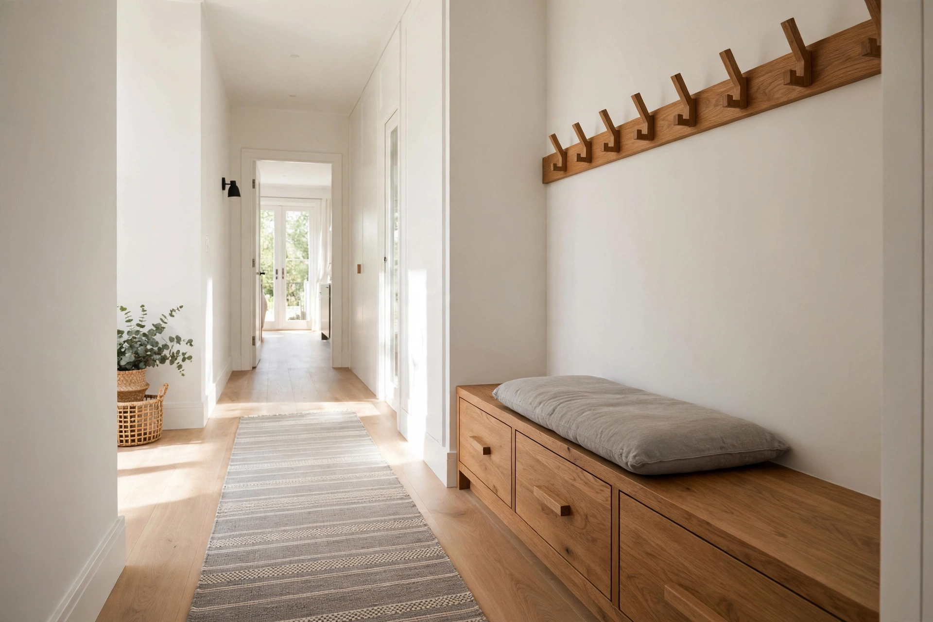 A hallway storage bench built into the wall with a cushion and deep drawers below.