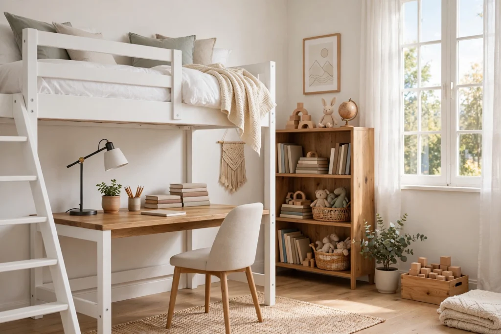 A bunk bed room with a loft bed and a full study desk with lamp set up underneath.