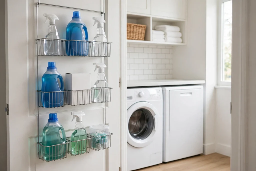 Laundry closet ideas using an over-the-door wire organizer holding detergent bottles and dryer supplies inside the closet door.