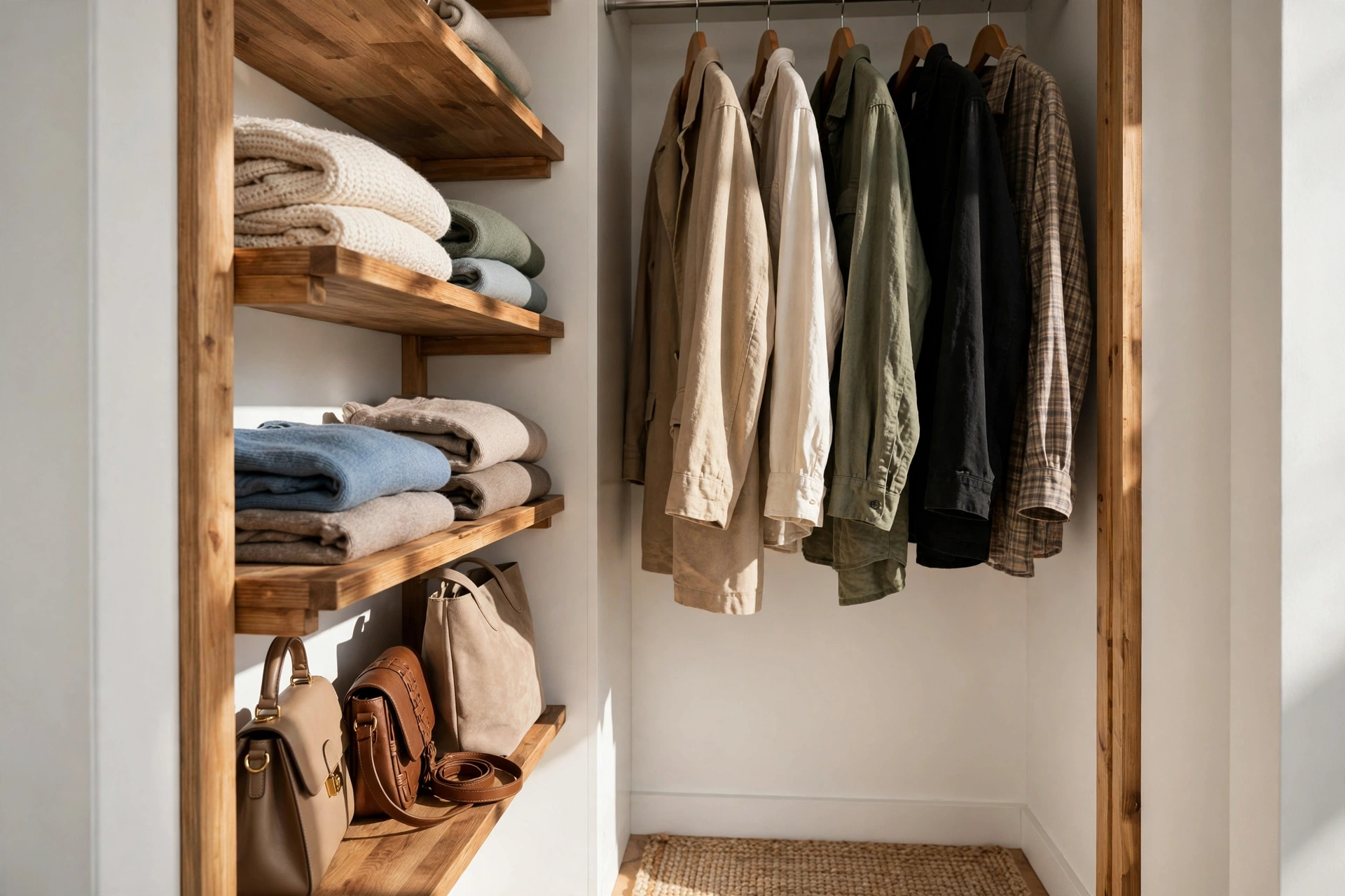 Reach-in closet ideas with shallow wooden shelves on the side walls holding folded sweaters and handbags.