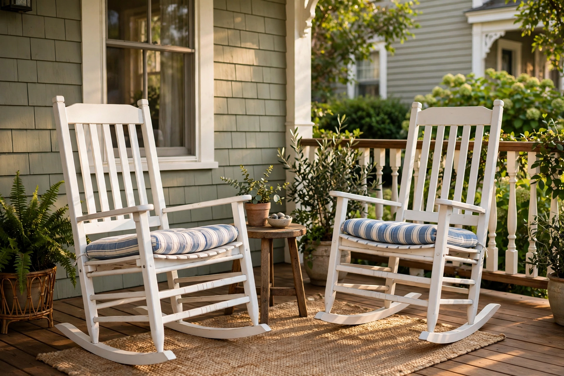 Front porch decorating ideas showing two white rocking chairs with striped cushions arranged for conversation.