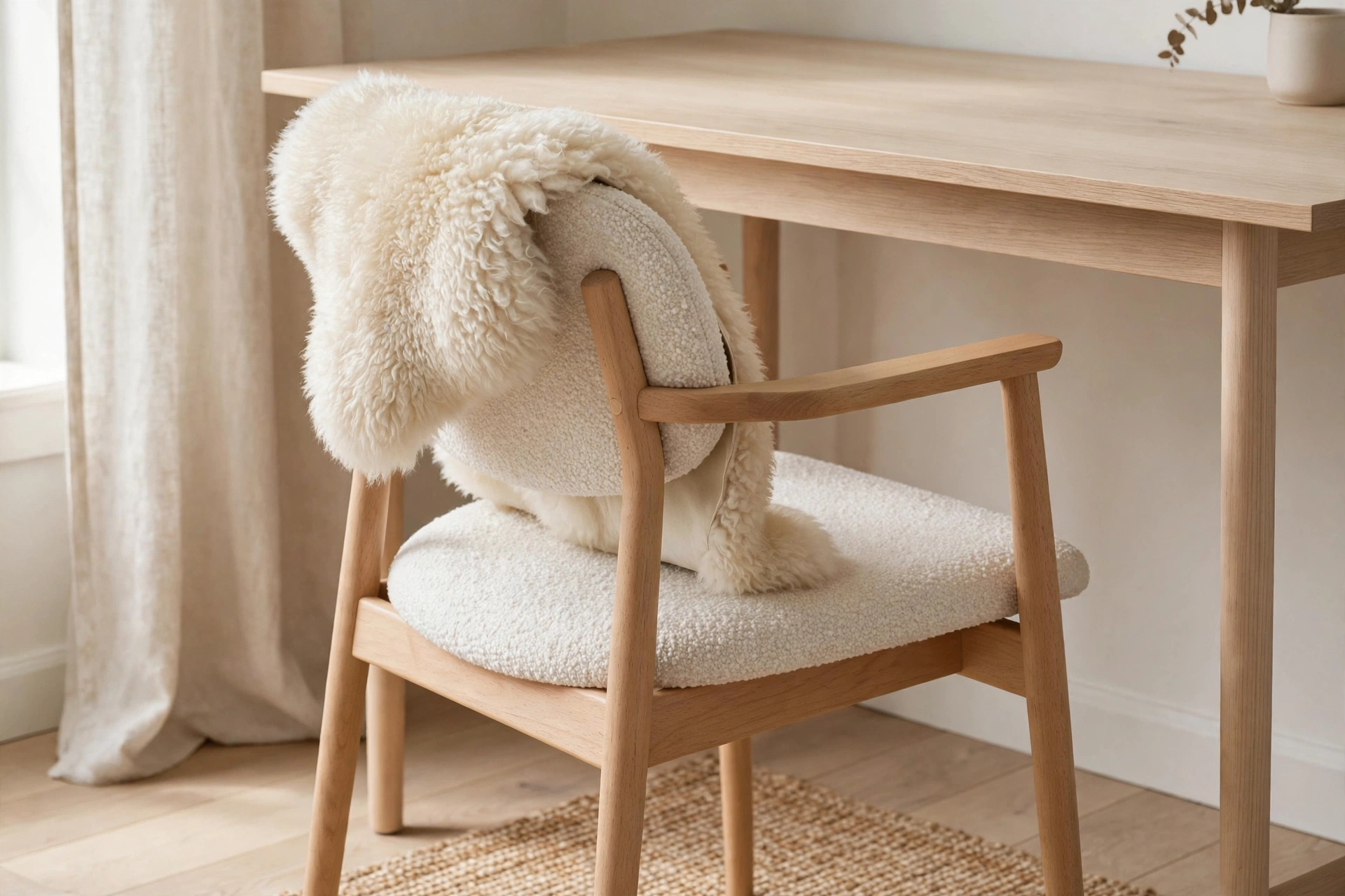 Ergonomic chair with light beech frame and off-white boucle upholstery at a pale oak desk