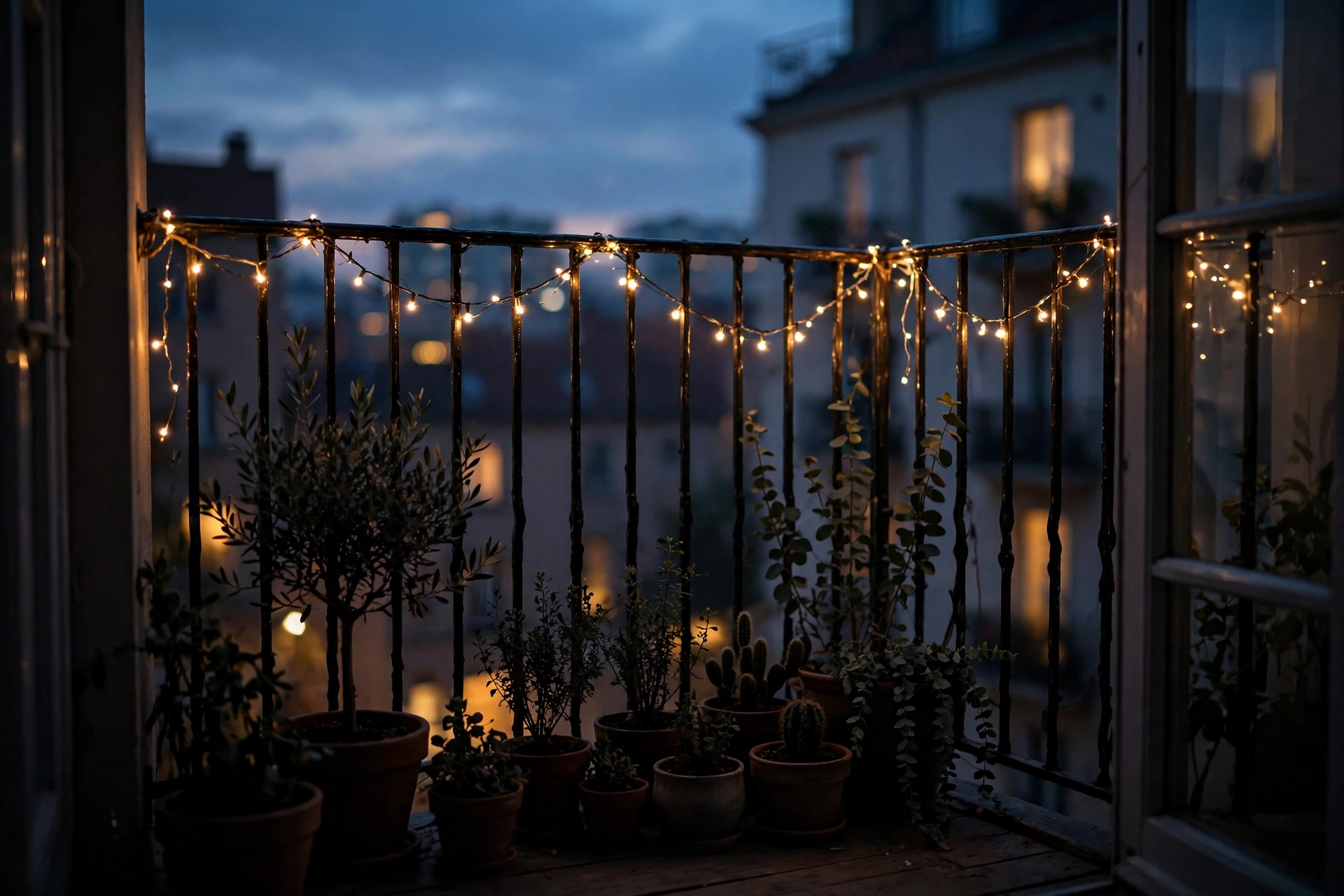 Balcony decor ideas with warm string lights draped along the balcony railing glowing at dusk.