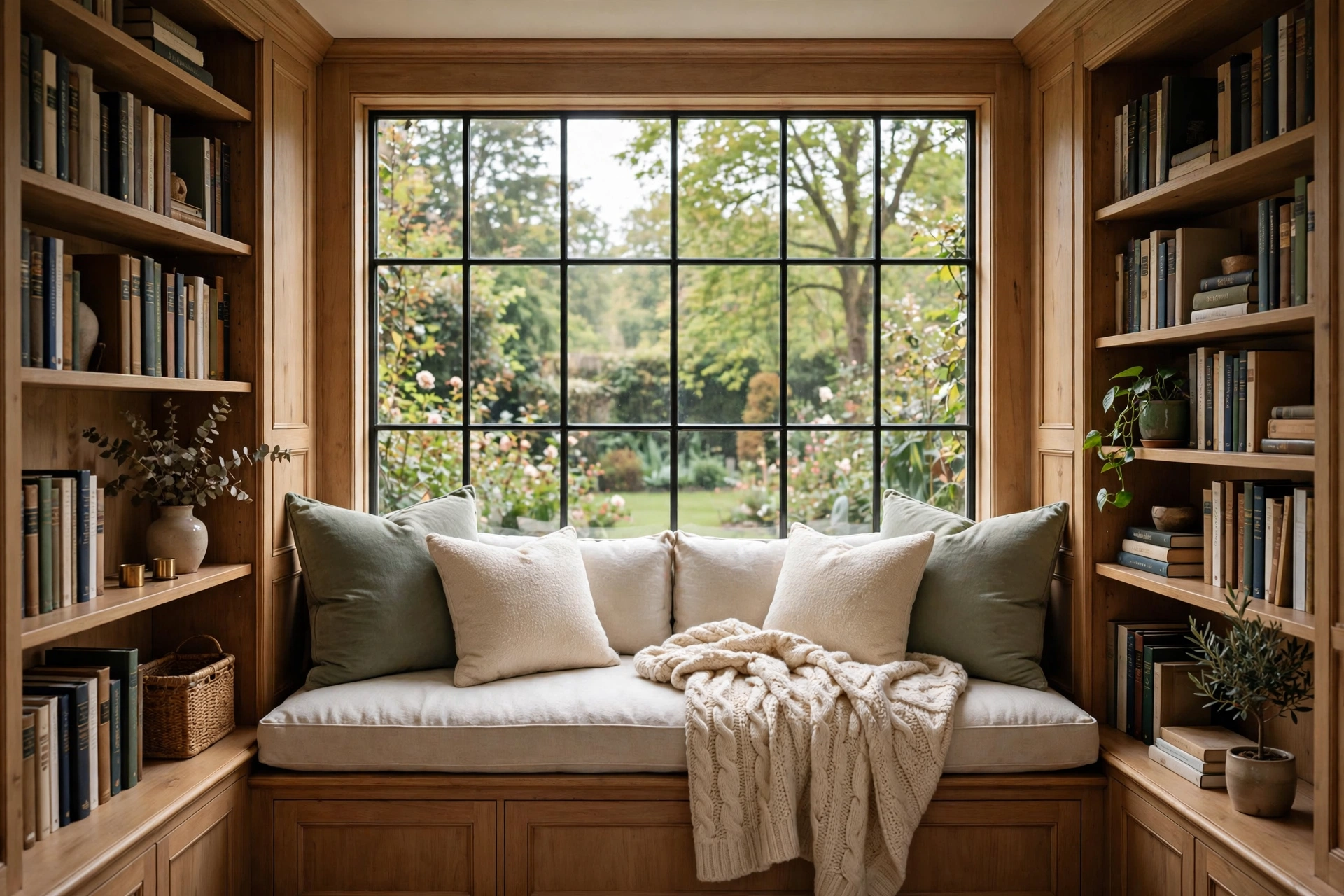 Home library design ideas showing a deep window seat with cushions and a throw overlooking a garden view.