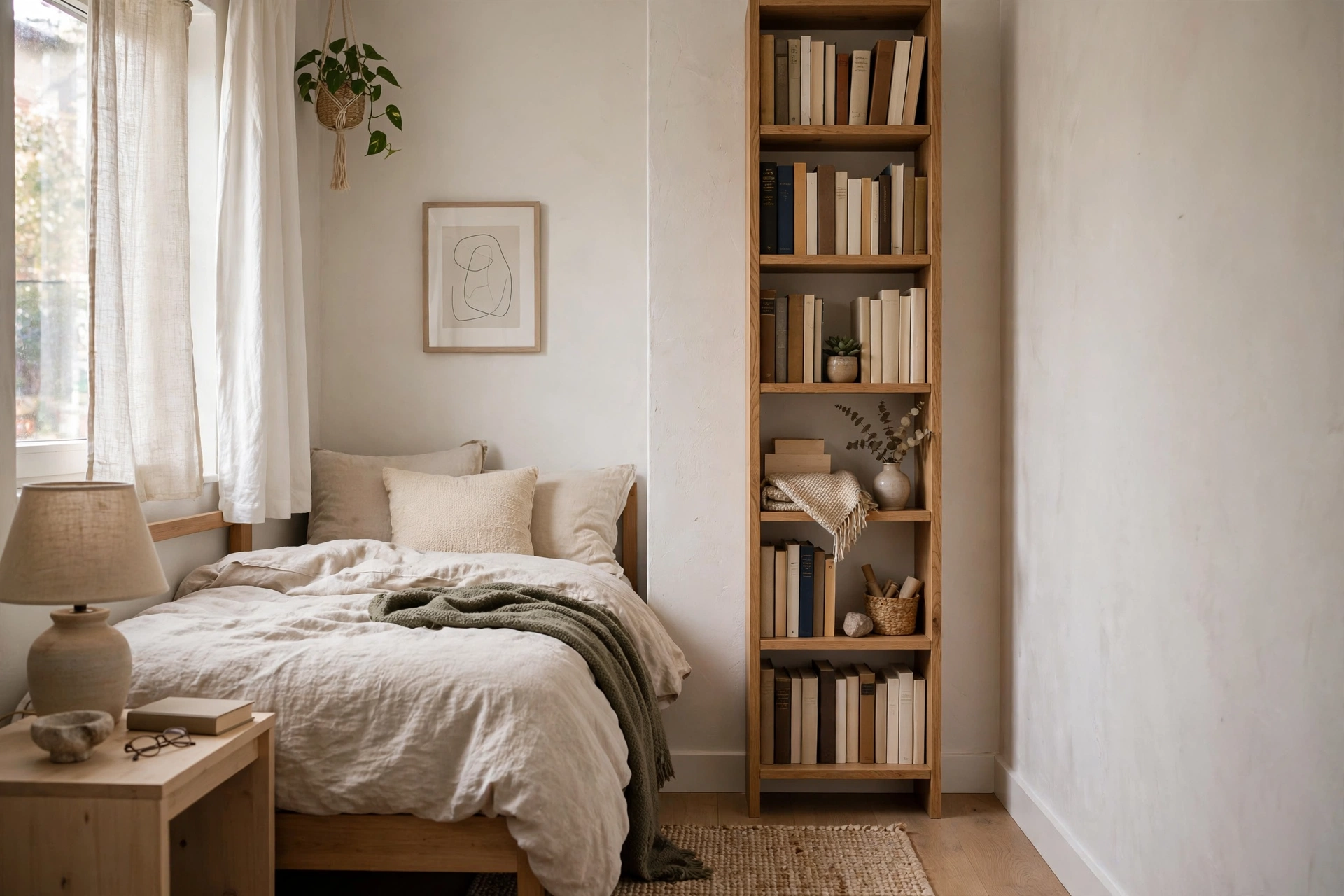 Tall narrow bookshelf adding vertical storage to a small bedroom