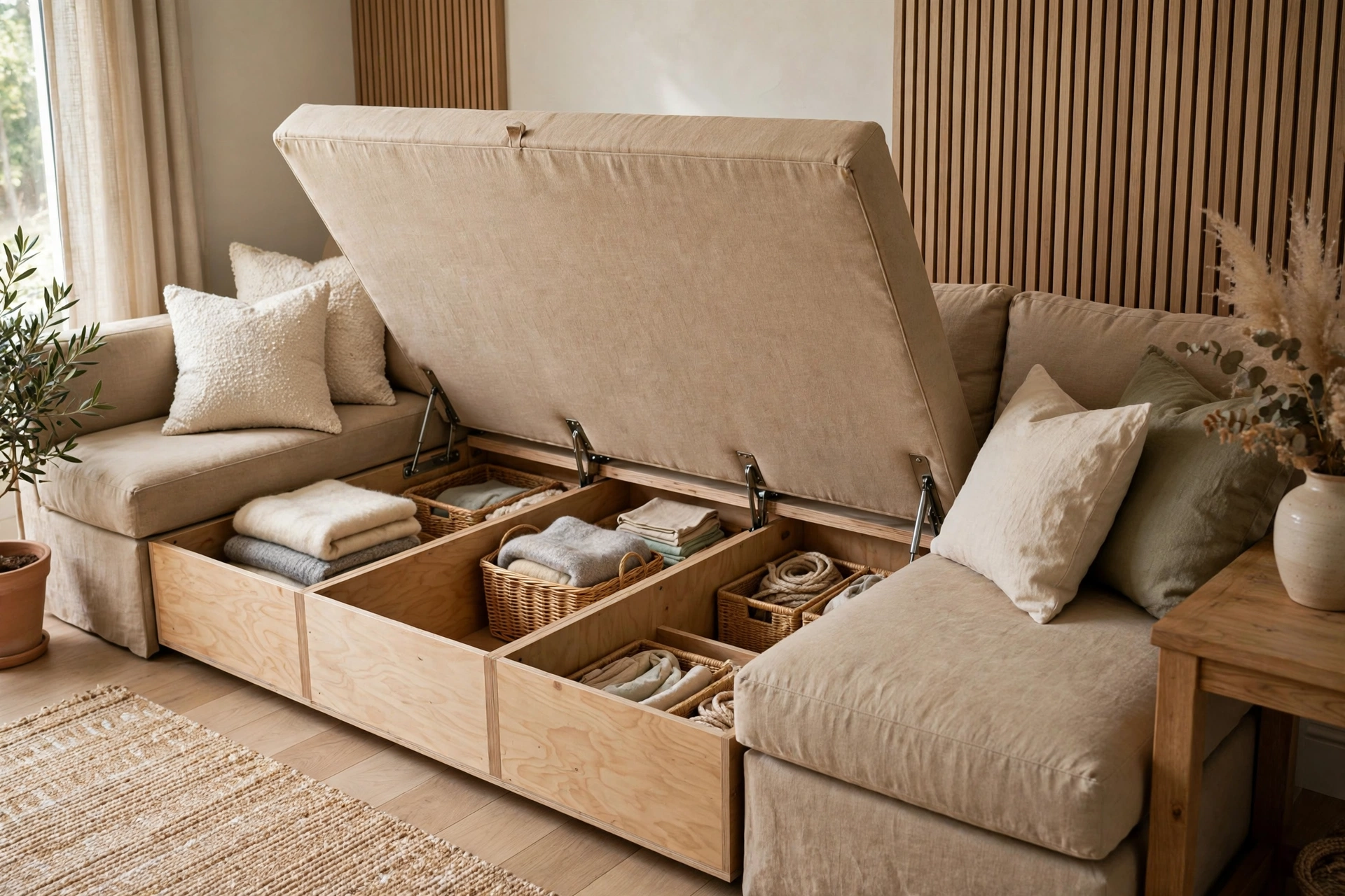 Open banquette seat revealing hidden storage compartments inside