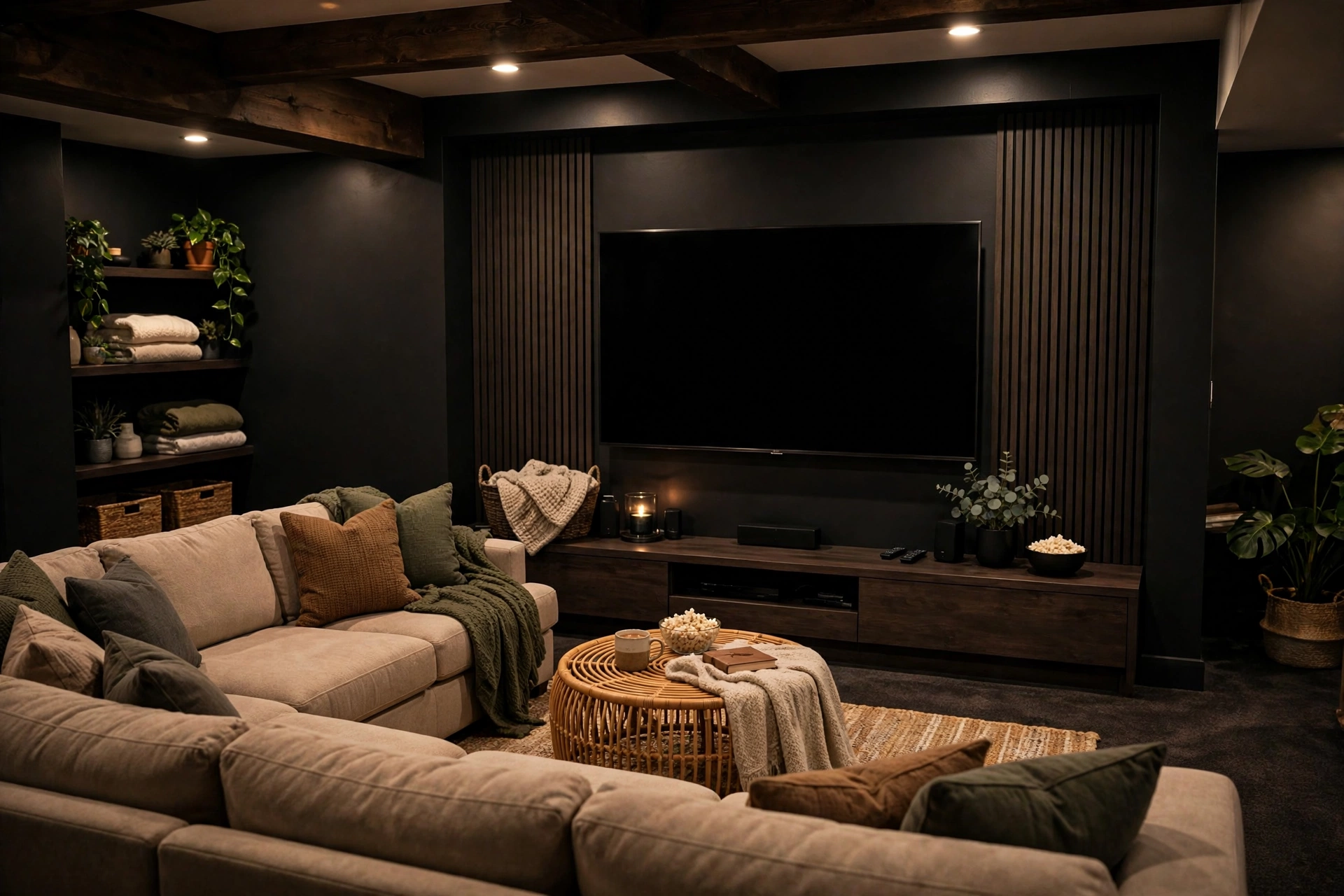 Basement media wall with large TV, dark accent paint, and cozy sectional for movie nights
