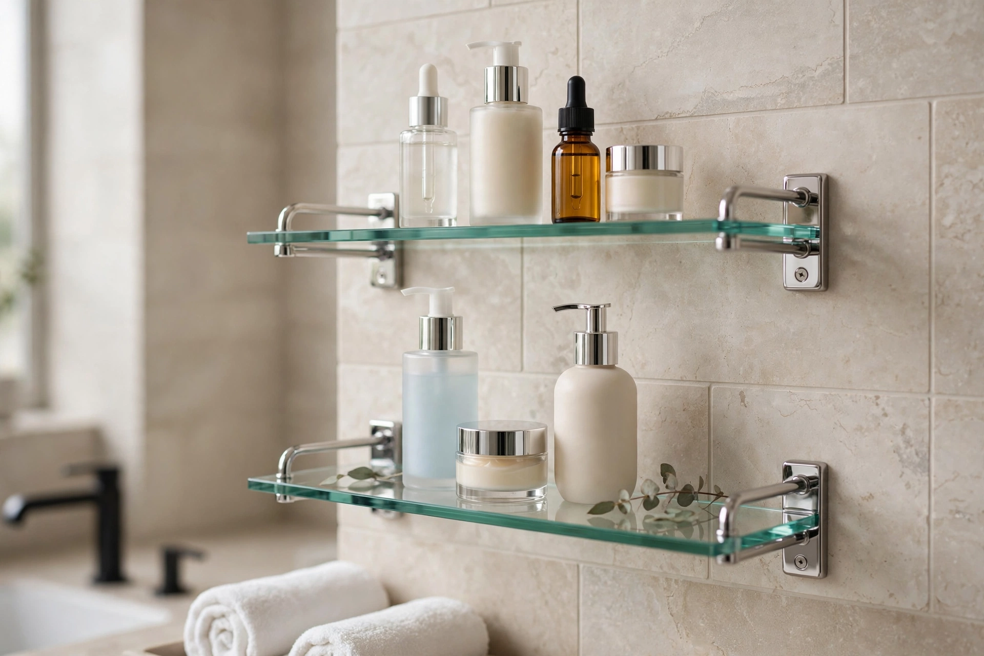 Tempered glass bathroom shelves with chrome brackets holding skincare bottles