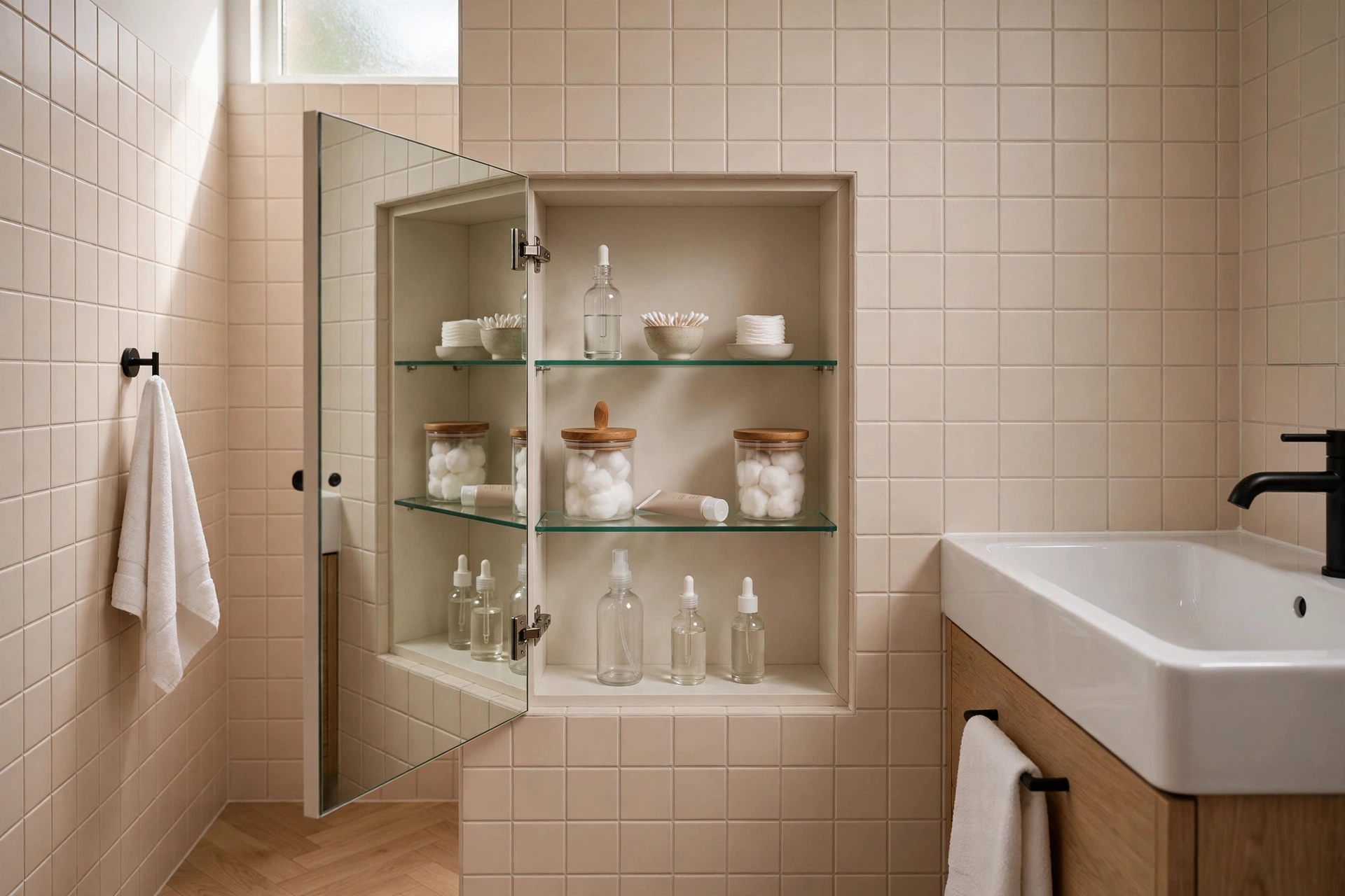 Recessed mirrored medicine cabinet with glass shelves in small bathroom