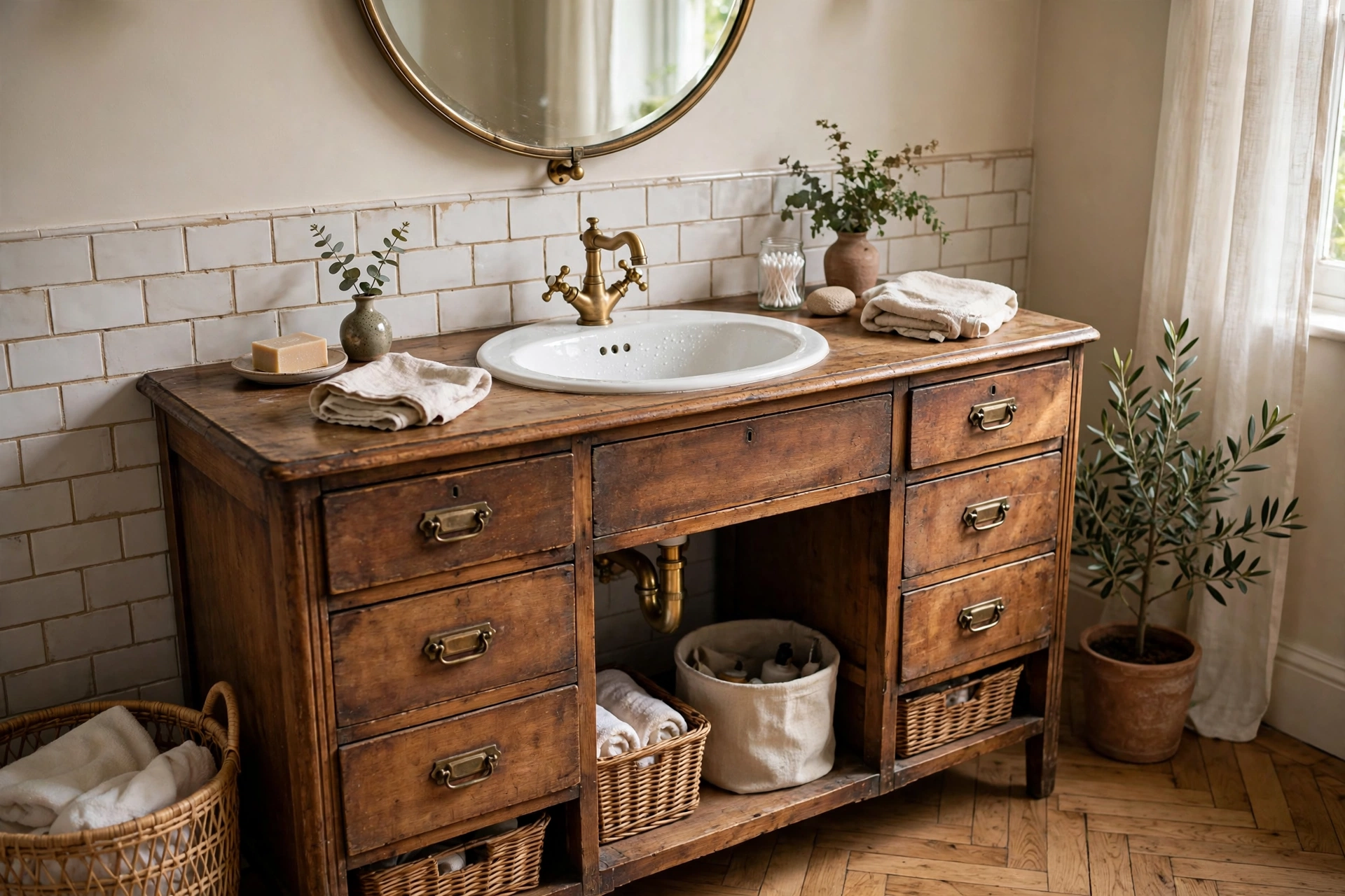 Vintage wooden dresser converted into a charming bathroom vanity