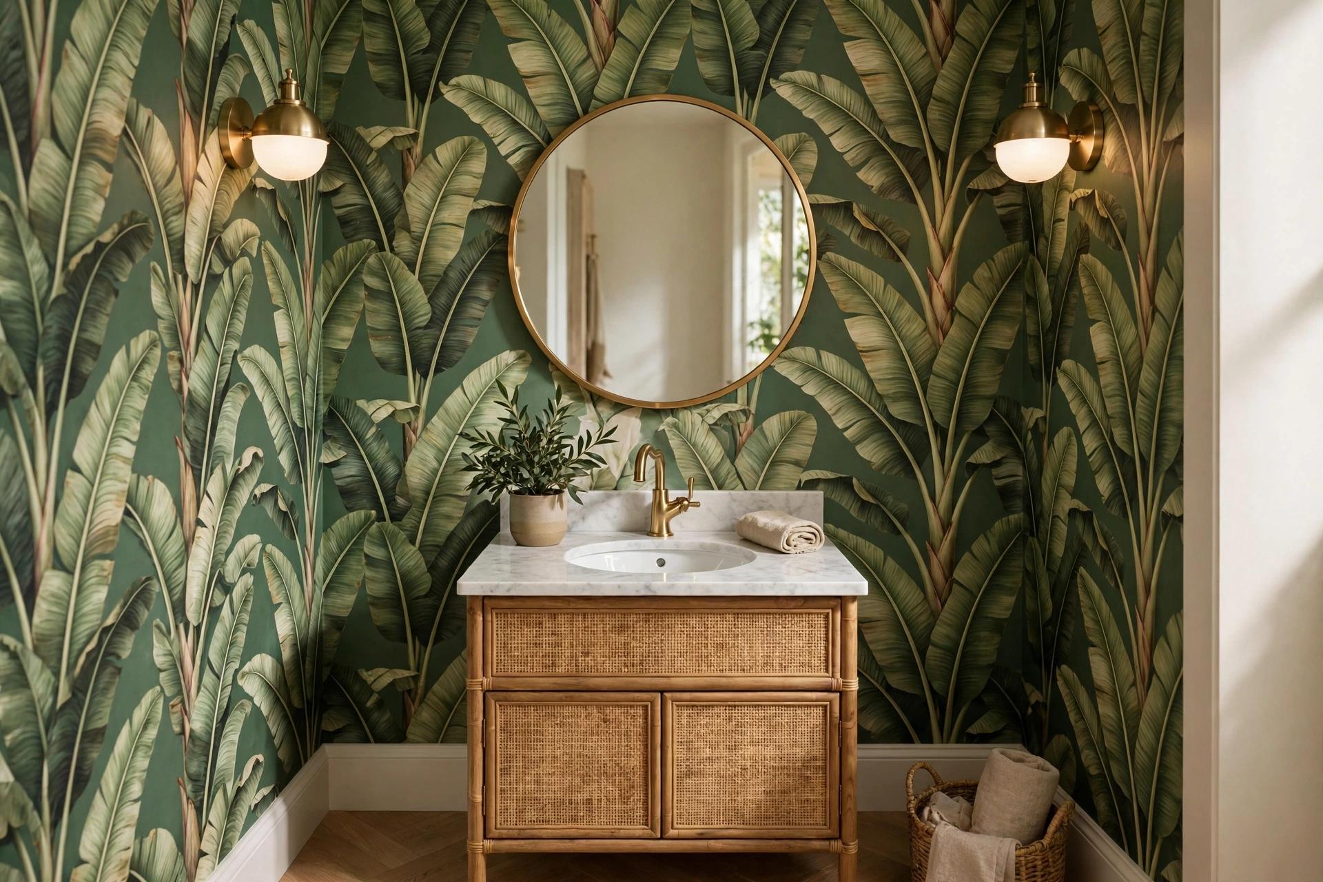 Tropical banana leaf wallpaper with round mirror in powder room
