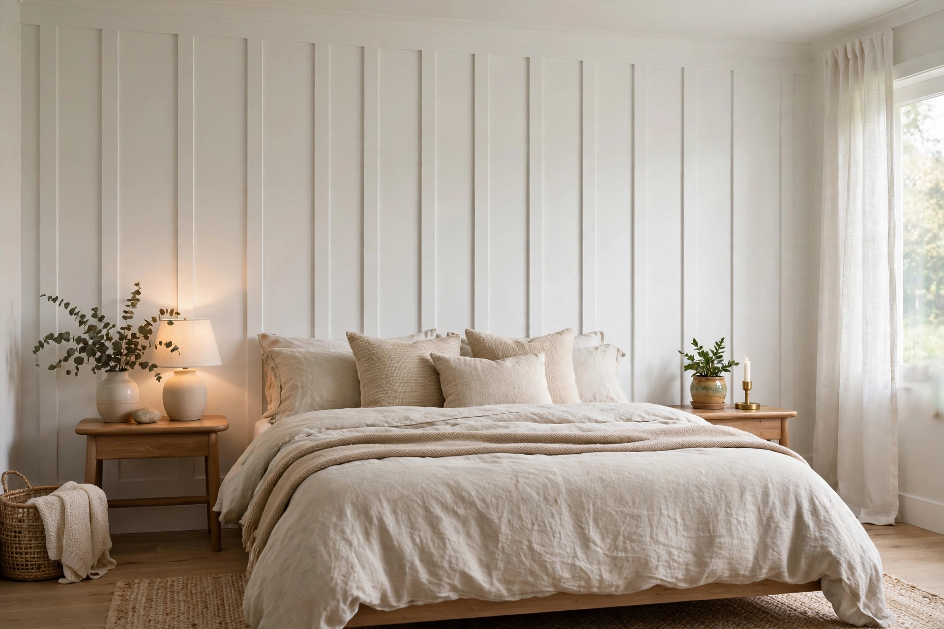 White board-and-batten accent wall adding architectural texture behind a bed