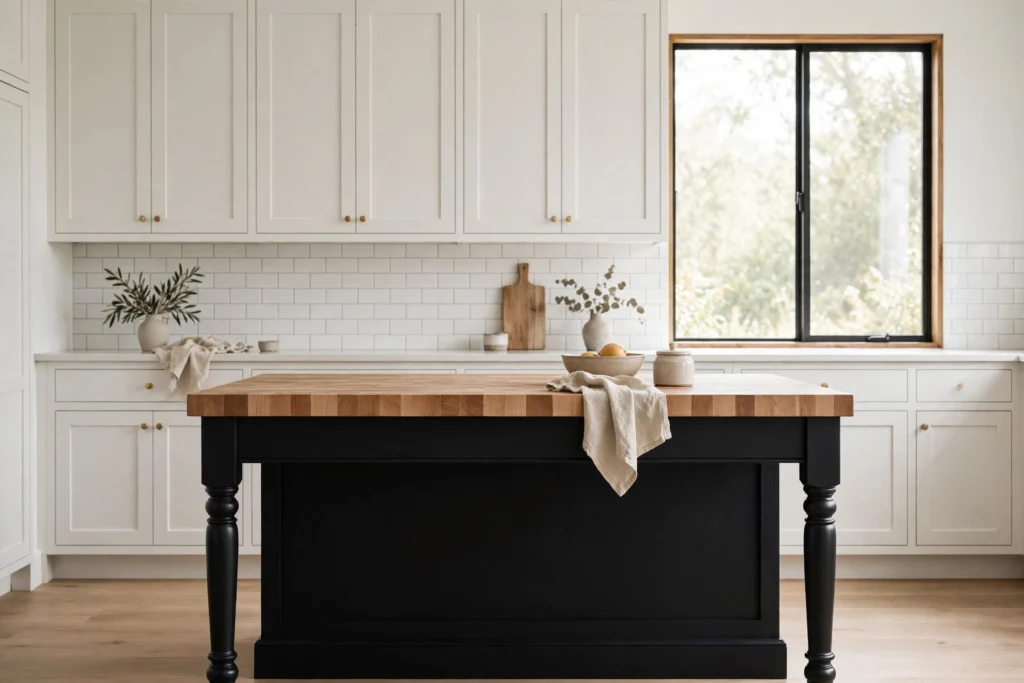 Butcher-block island with black painted base and turned legs in a modern farmhouse kitchen