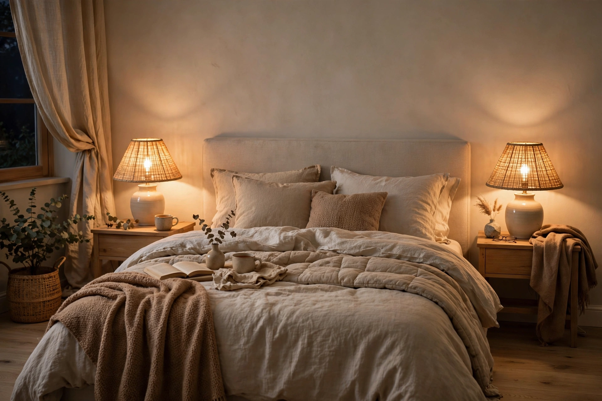 Warm 2700K bulbs glowing softly in bedside lamps for restful sleep