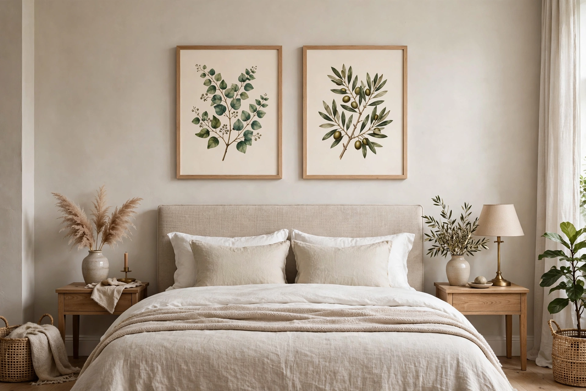 Symmetrical pair of botanical prints in matching frames above the bed