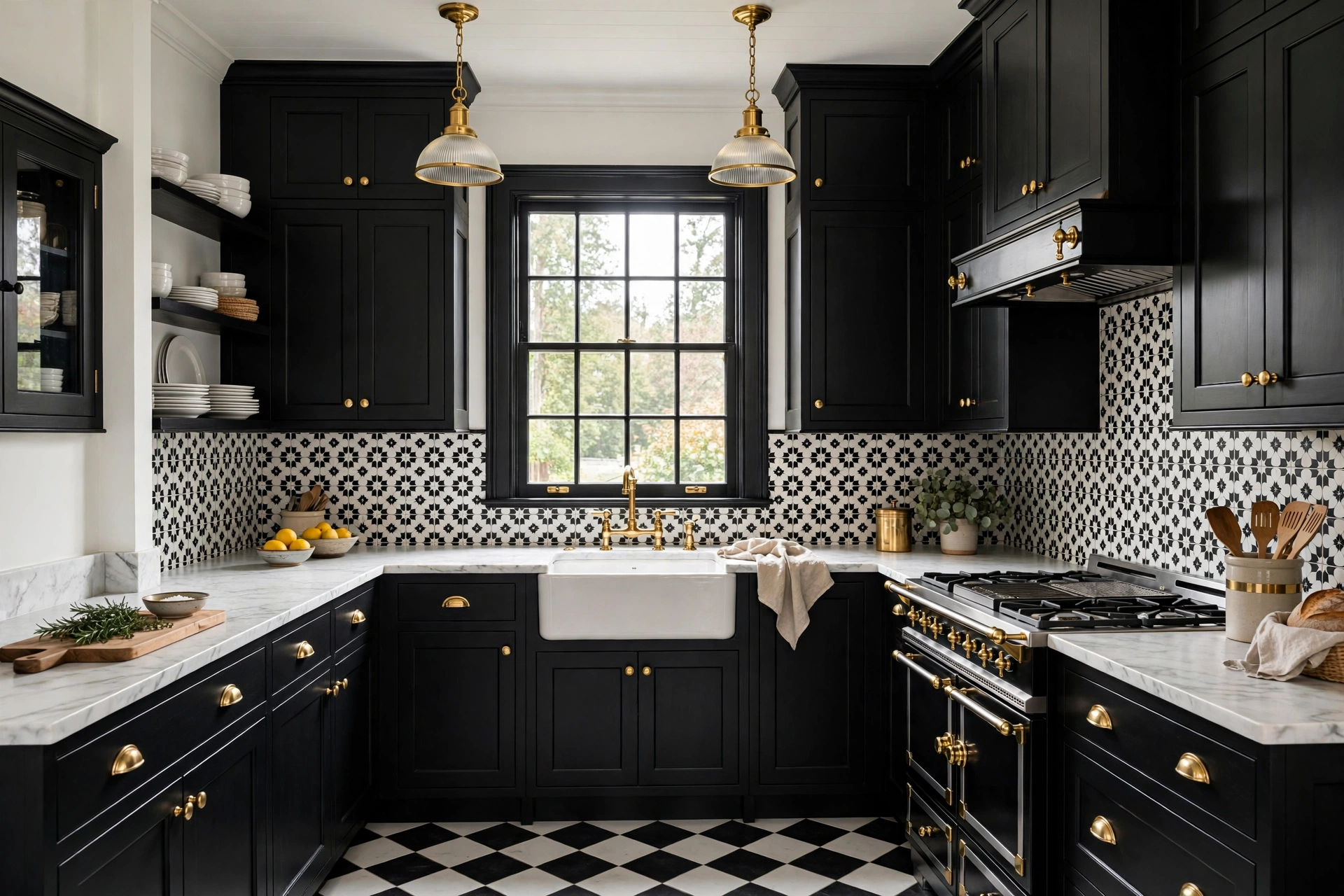 Classic black and white kitchen with brass fixtures and tile backsplash