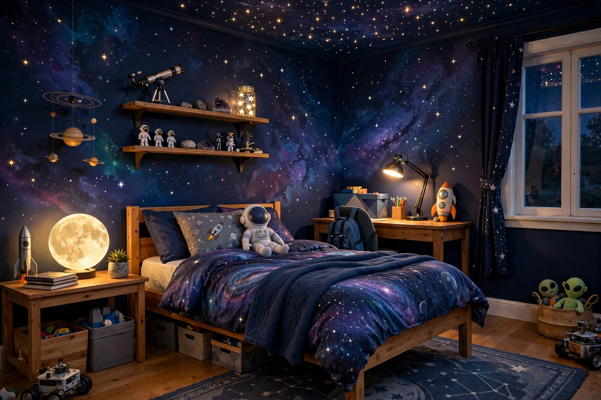 Boys bedroom decorated as outer space galaxy retreat with stars